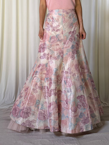 Vintage Paul Vasseur Pink Taffeta Floral Skirt - Size 44