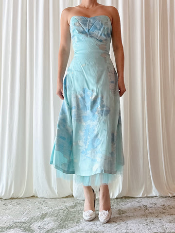 Vintage Paul Vasseur Light Blue Silk Dress - Size 46
