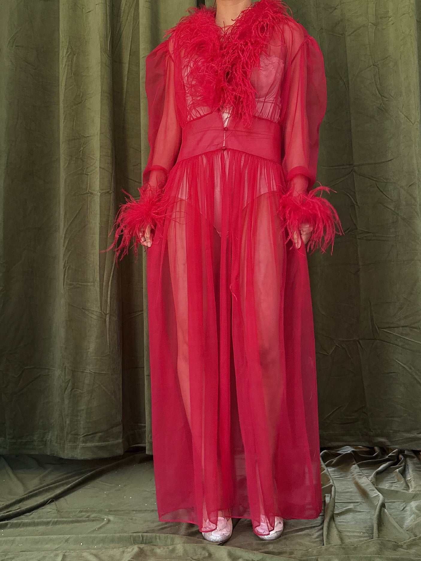 Vintage Nylon Ostrich-Trim Duster - M