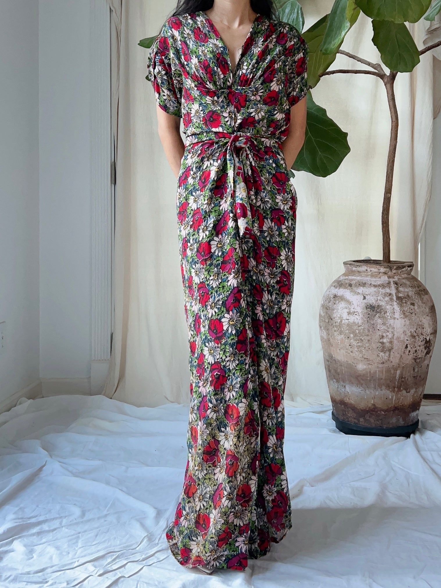 1930s Rayon Floral Dress - M