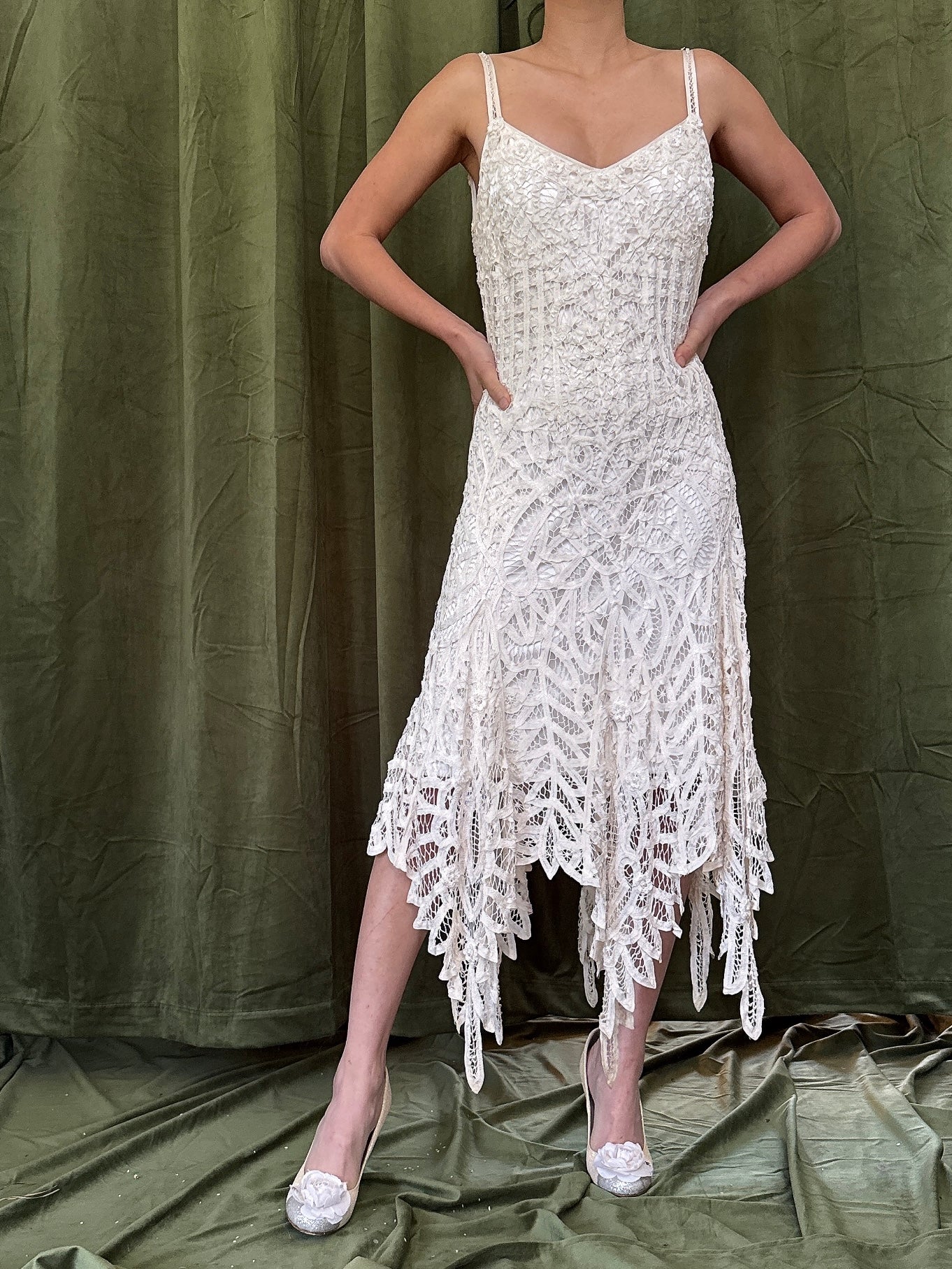 Vintage Crochet Lace Beaded Dress - M