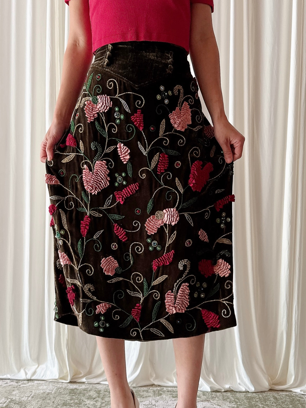 Vintage Gaetano Navarra Floral Velvet Skirt - Size 50
