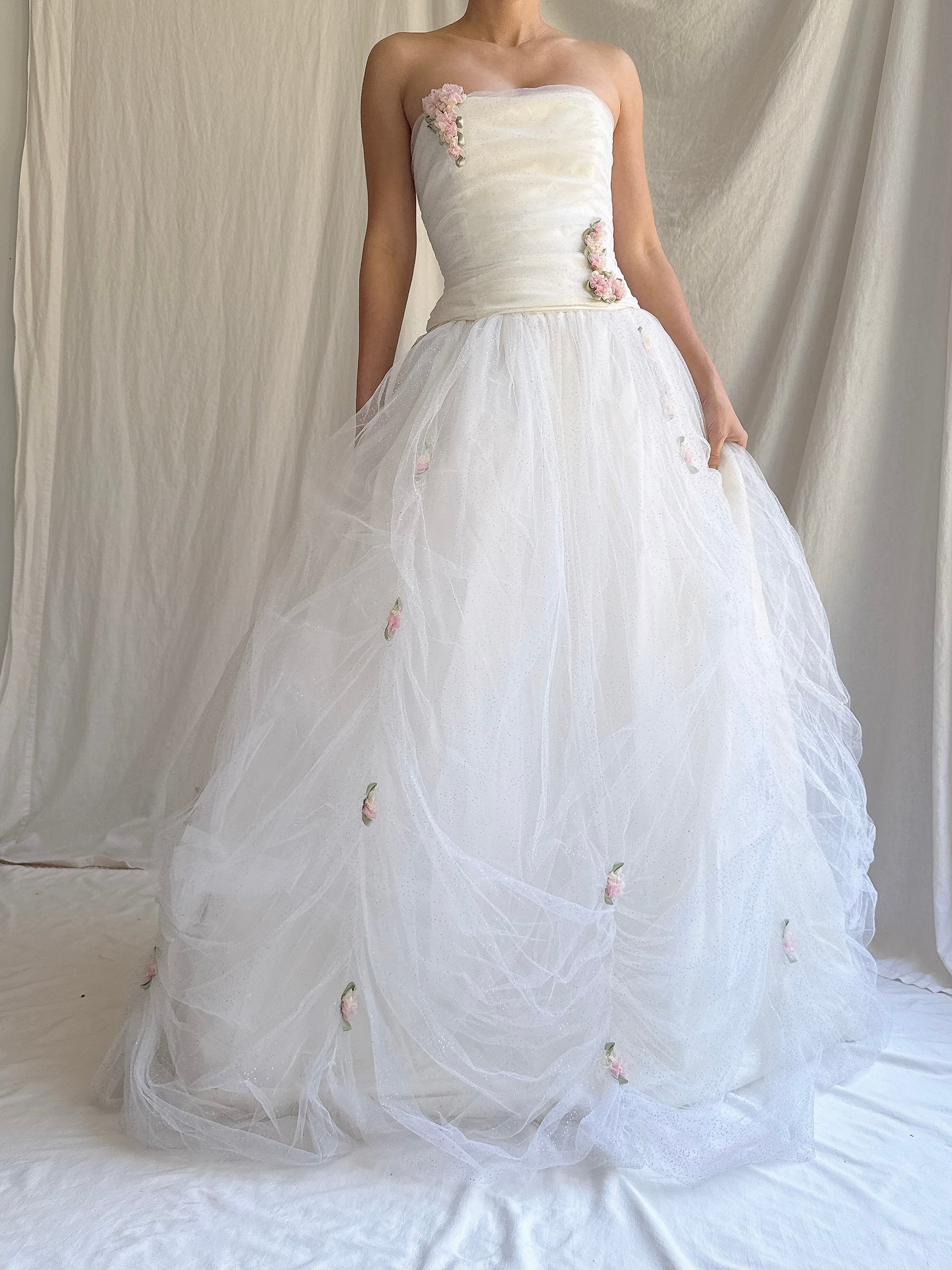 Vintage Strapless Ruche Glimmer Gown - XS