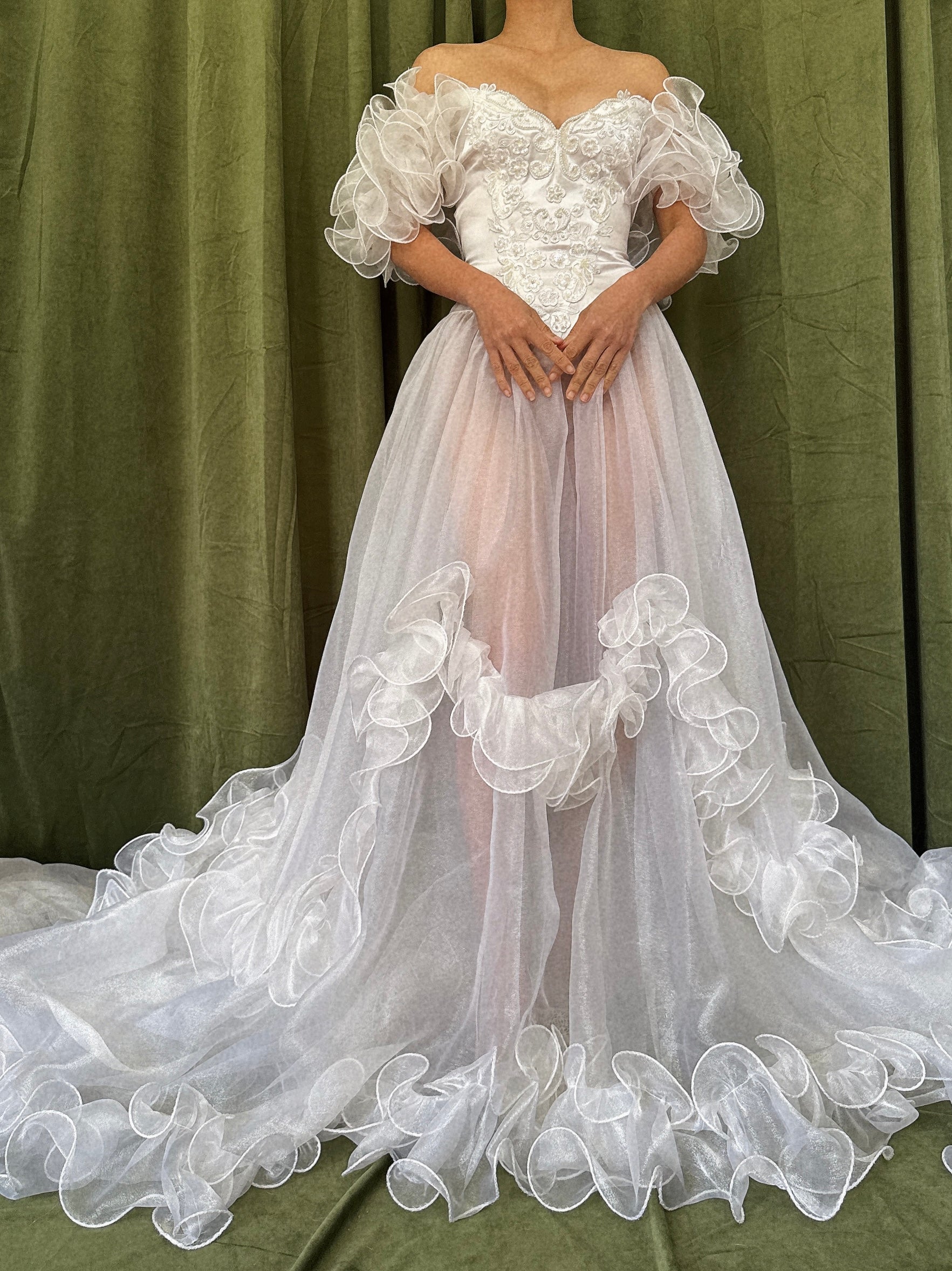 1980s Voile Ruffled Gown - M