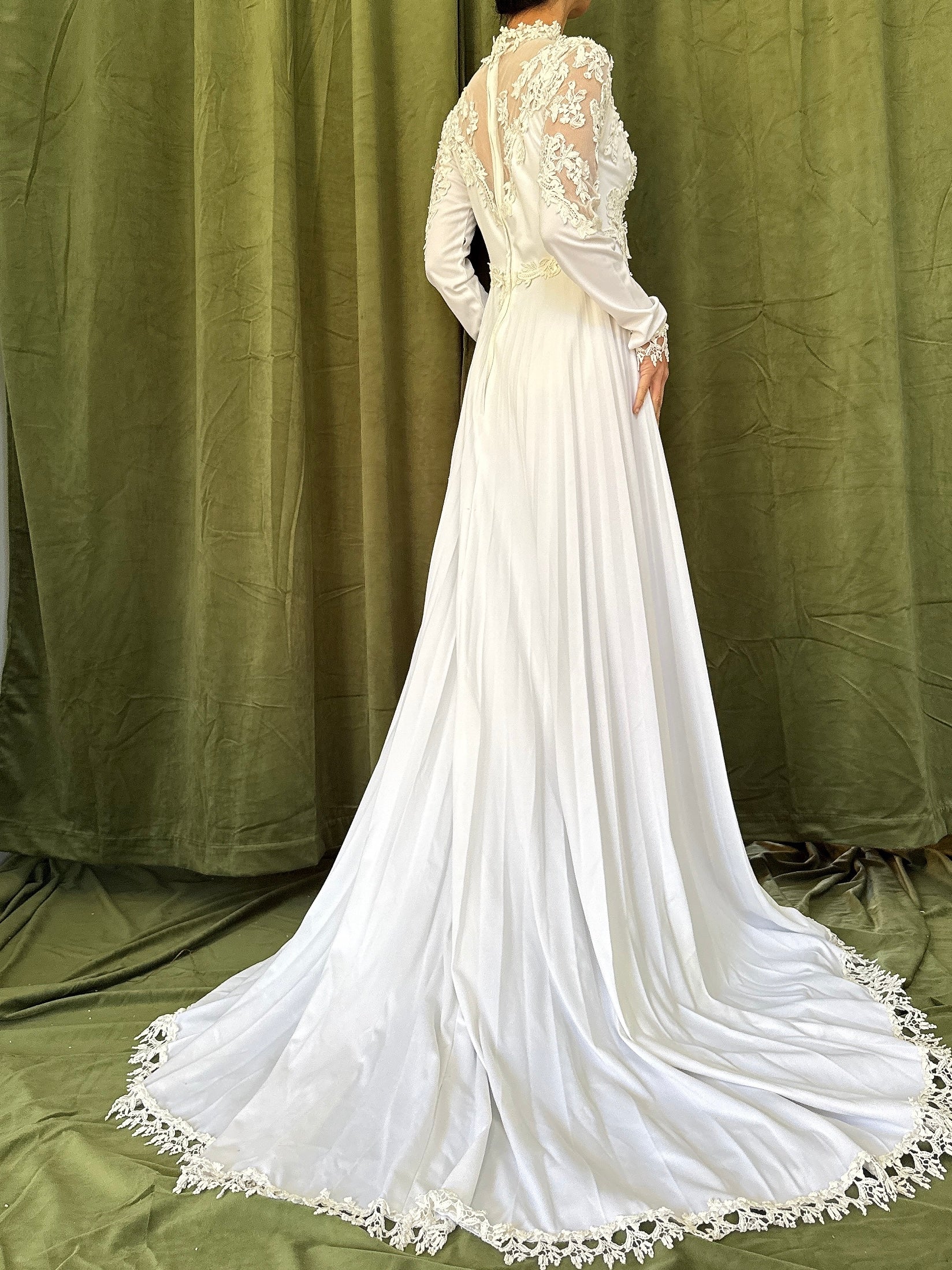 1960s Jersey Embroidered Lace Gown - S