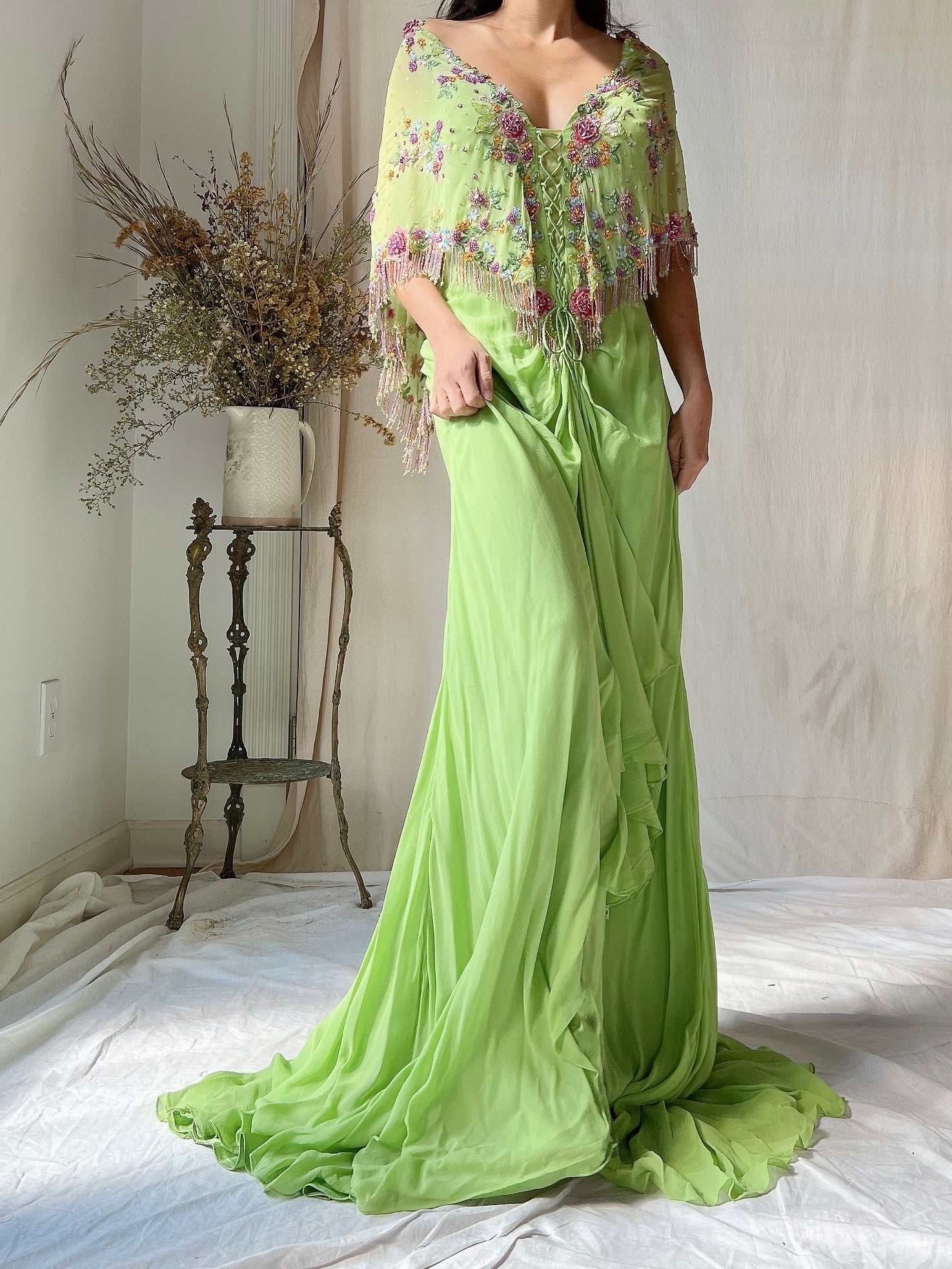 Vintage Chartreuse Belleville Sassoon Silk Cape Dress - XL/UK18