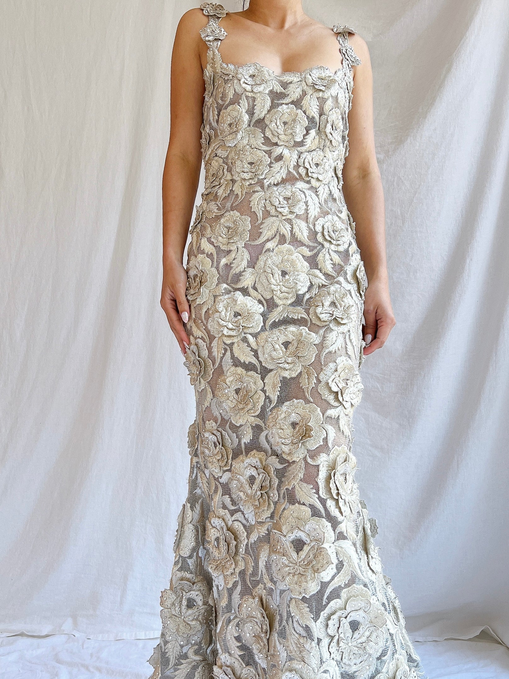 Vintage Fe Zandi Couture Metallic Rose Embroidered Dress - S/4