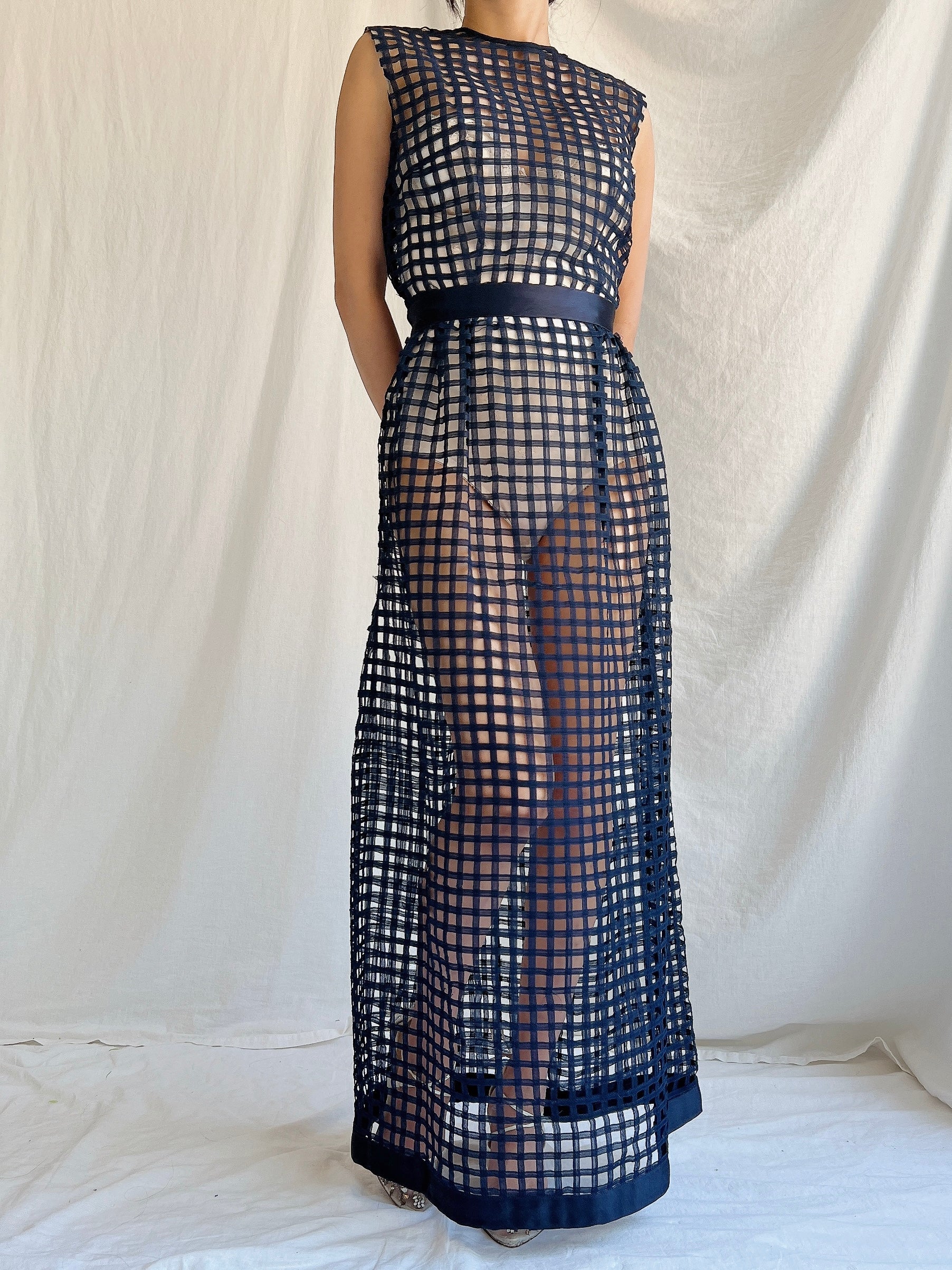 1960s Navy Blue Silk Woven Dress - S/M
