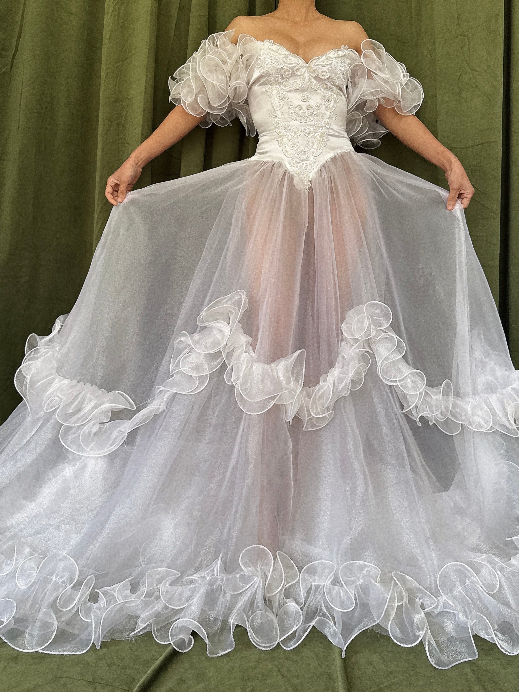 1980s Voile Ruffled Gown - M