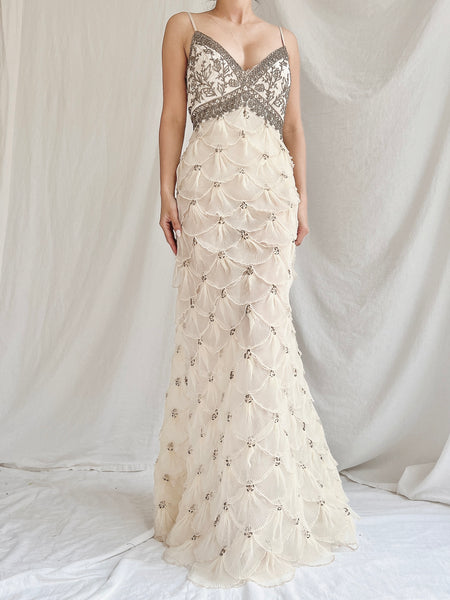Vintage Pleated Petal Beaded Bodice Dress - S (US 4/6