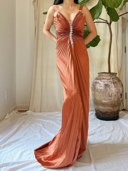 Vintage Satin Pleated Rust Gown - M