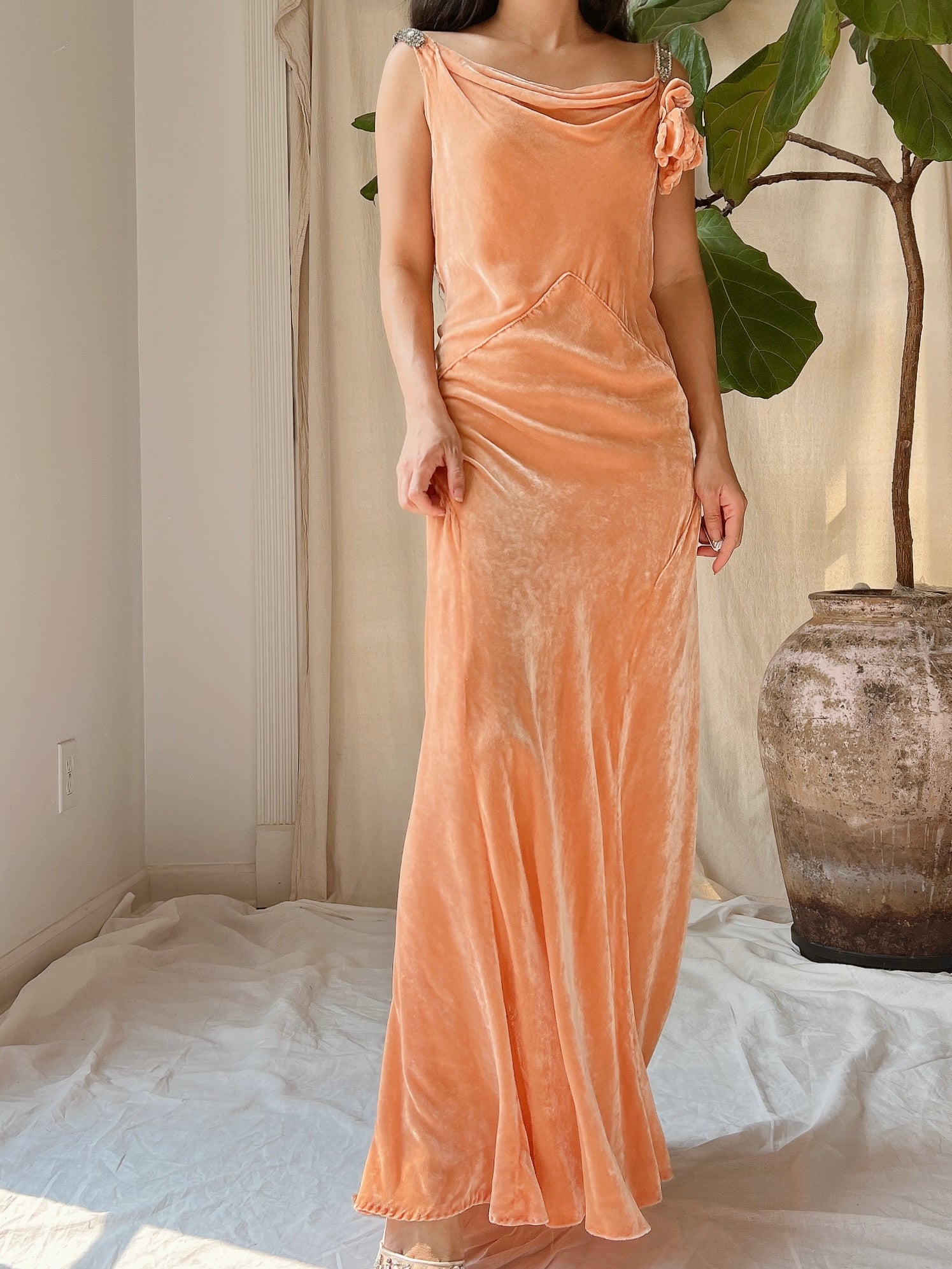 1930s Peach Silk Dress - S