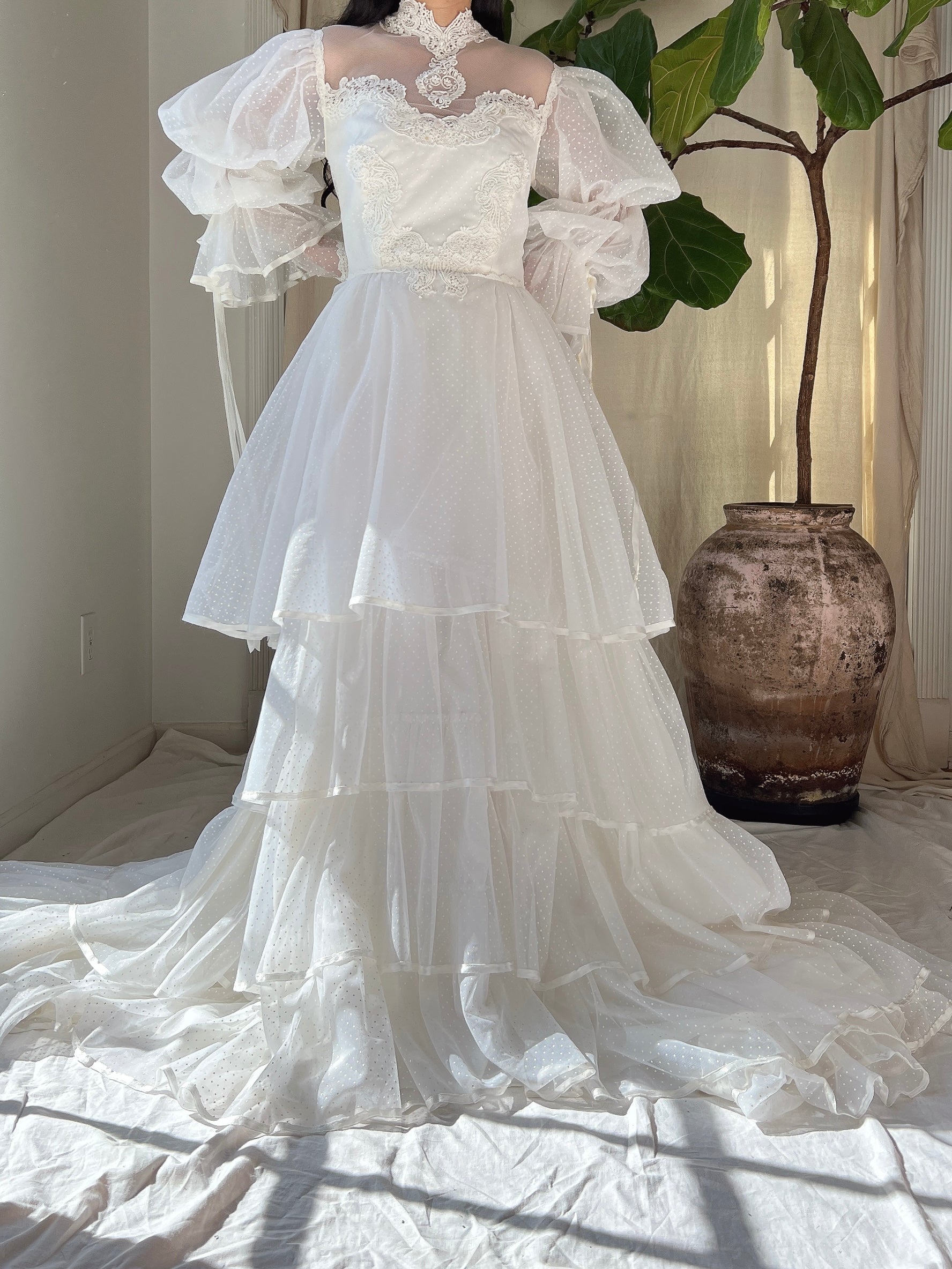 Vintage Tiered Puff Sleeves High Neck Gown - S
