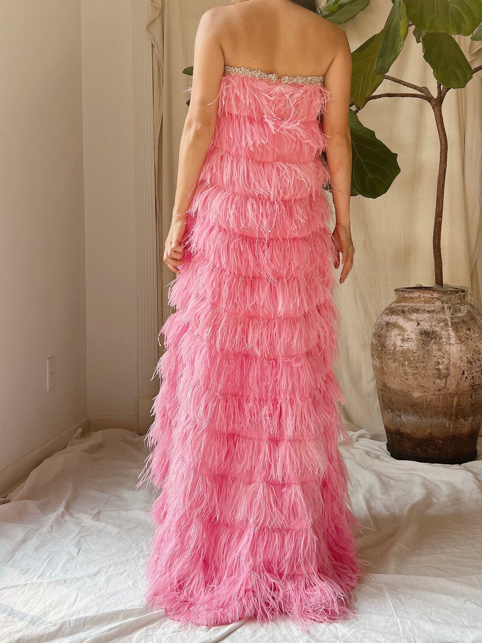 Pink Feather Tiered Dress - S-L
