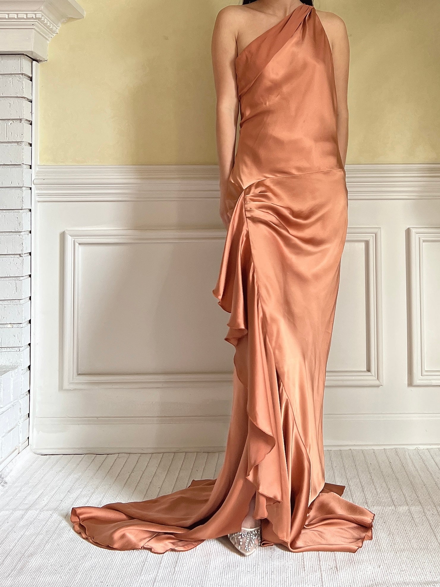 Vintage Rust Silk Charmeuse Ruffled Dress - M