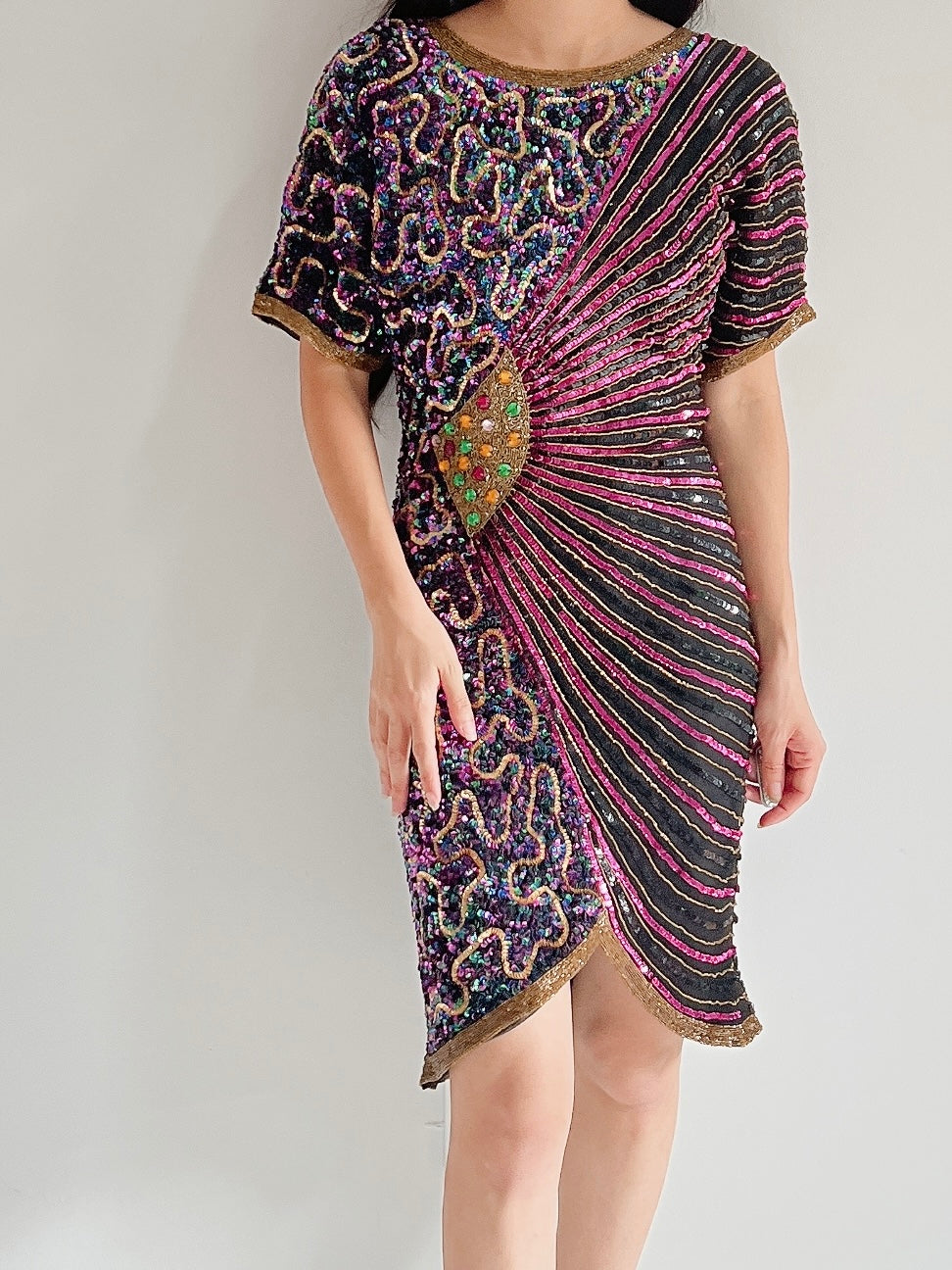 1980s Abstract Silk Beaded Dress - S