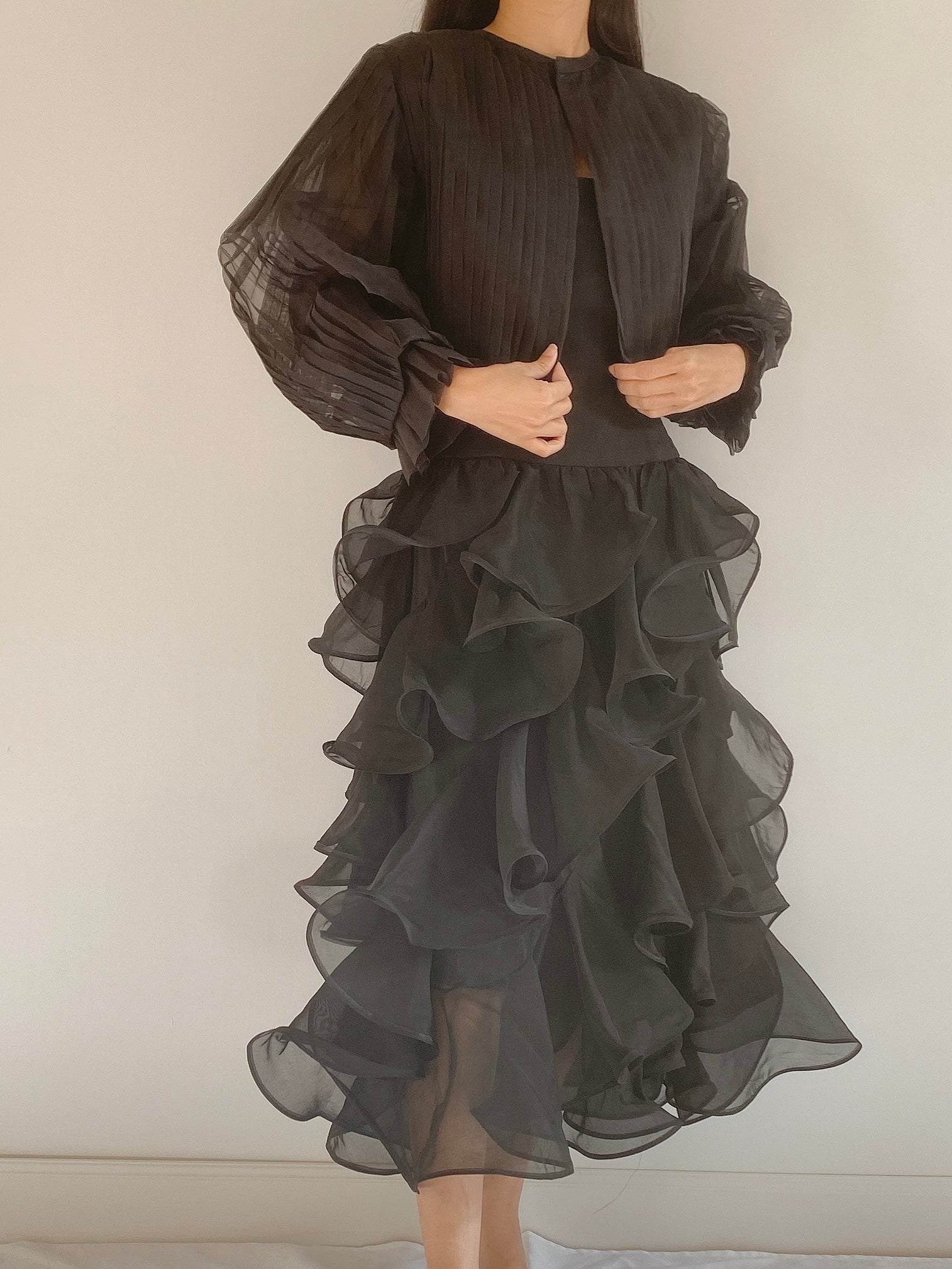 Vintage Black Ruffle Organza Dress -  S
