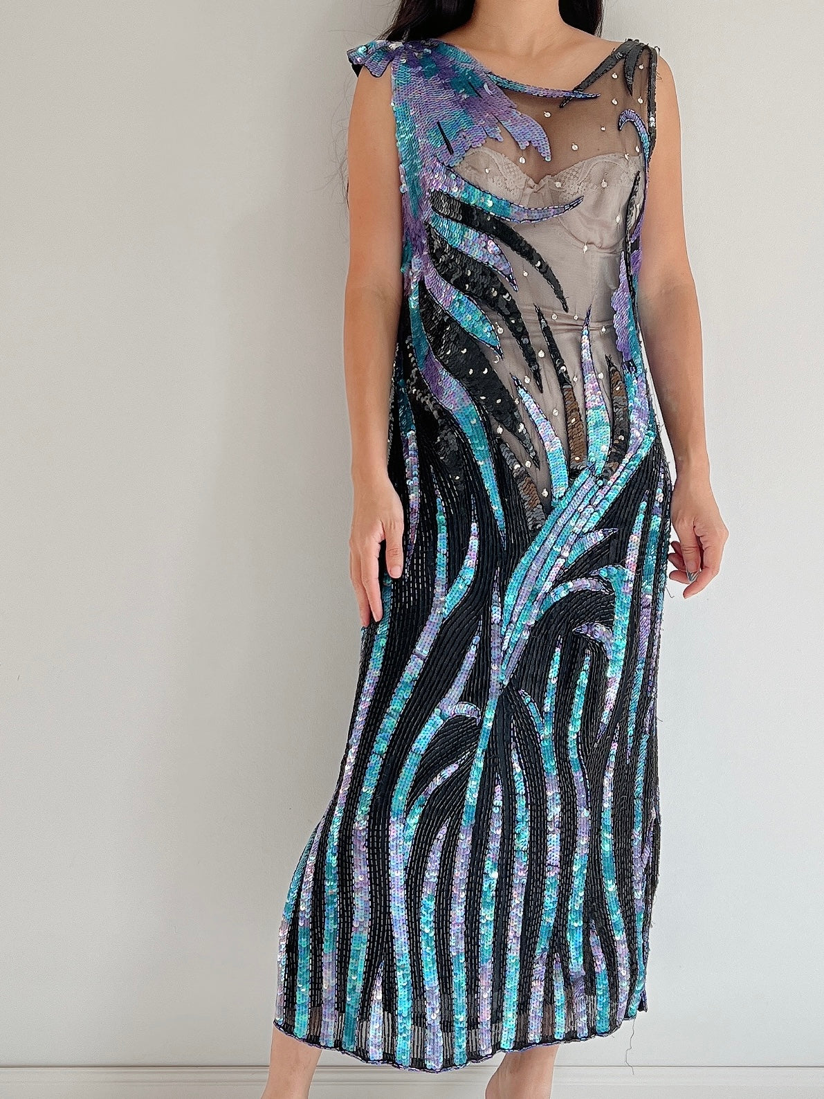 1980s Illusion Abstract Beaded Dress - S/M
