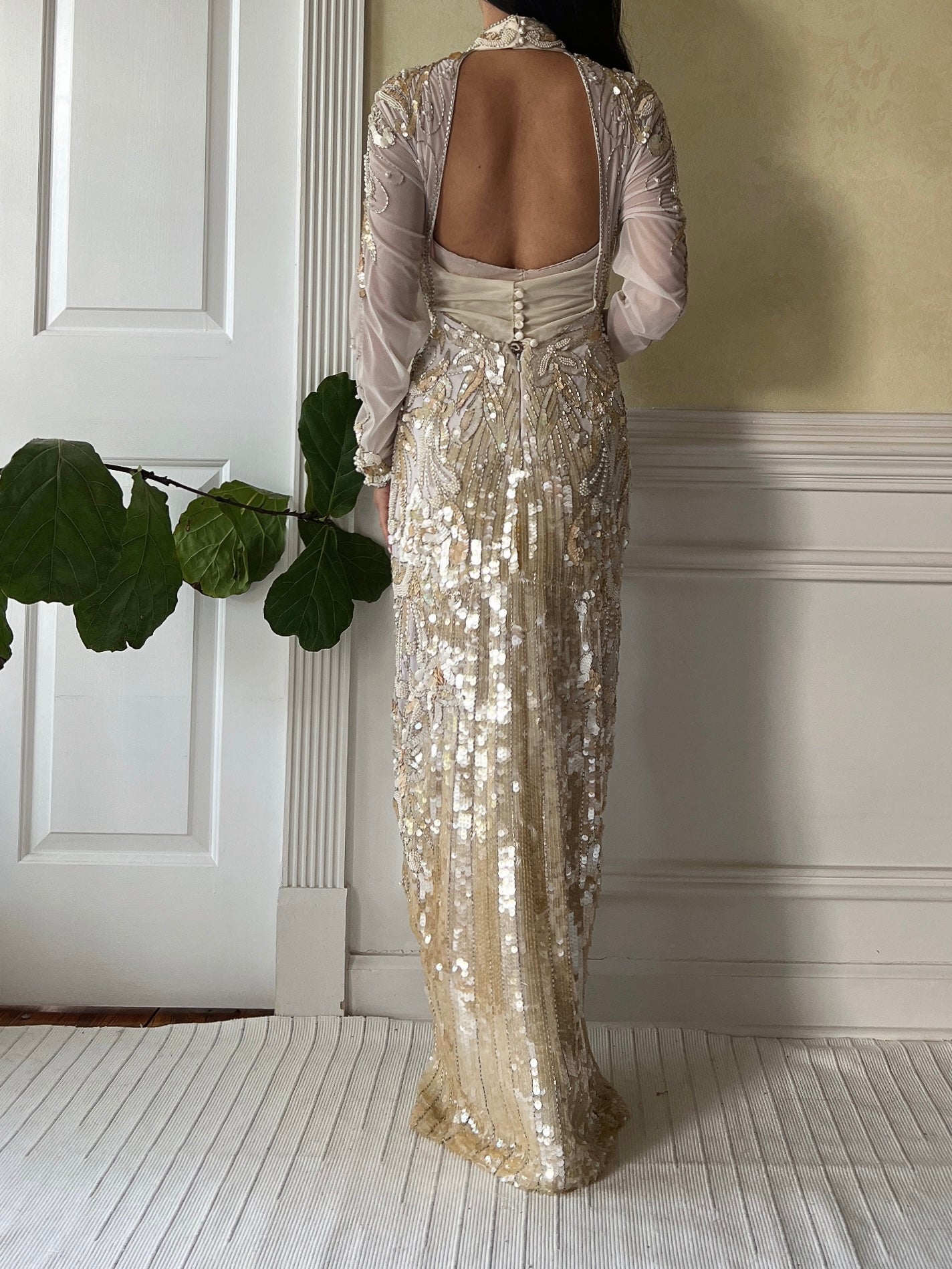 1980s Ivory and Gold Net Beaded Gown - M