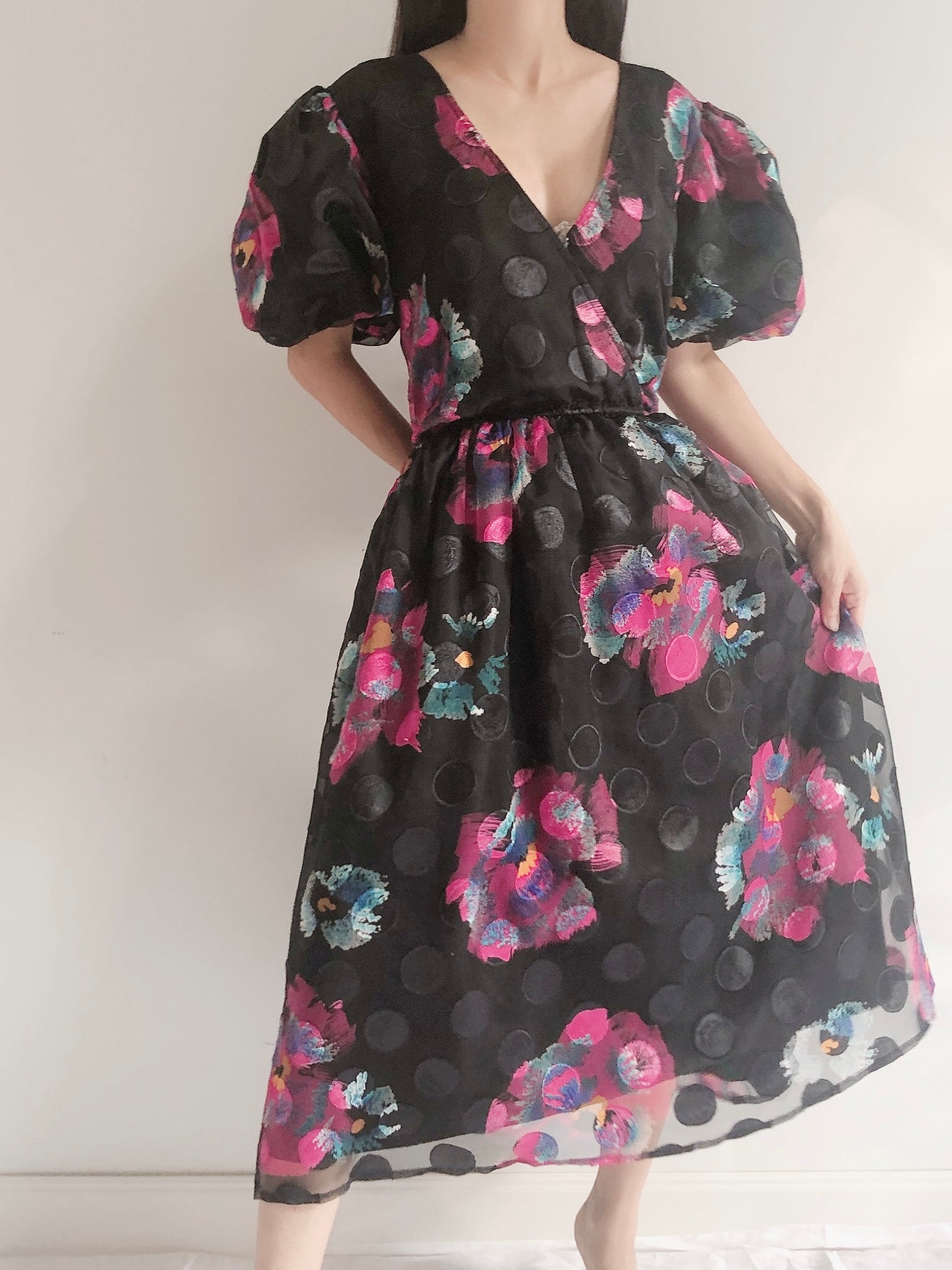 Vintage Puff Sleeves Floral Dress - S-M