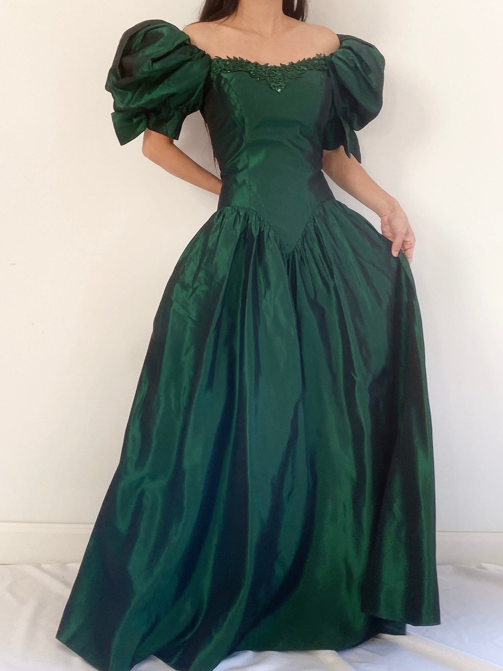 Vintage Puff Sleeve Emerald Taffeta Gown - XS/S