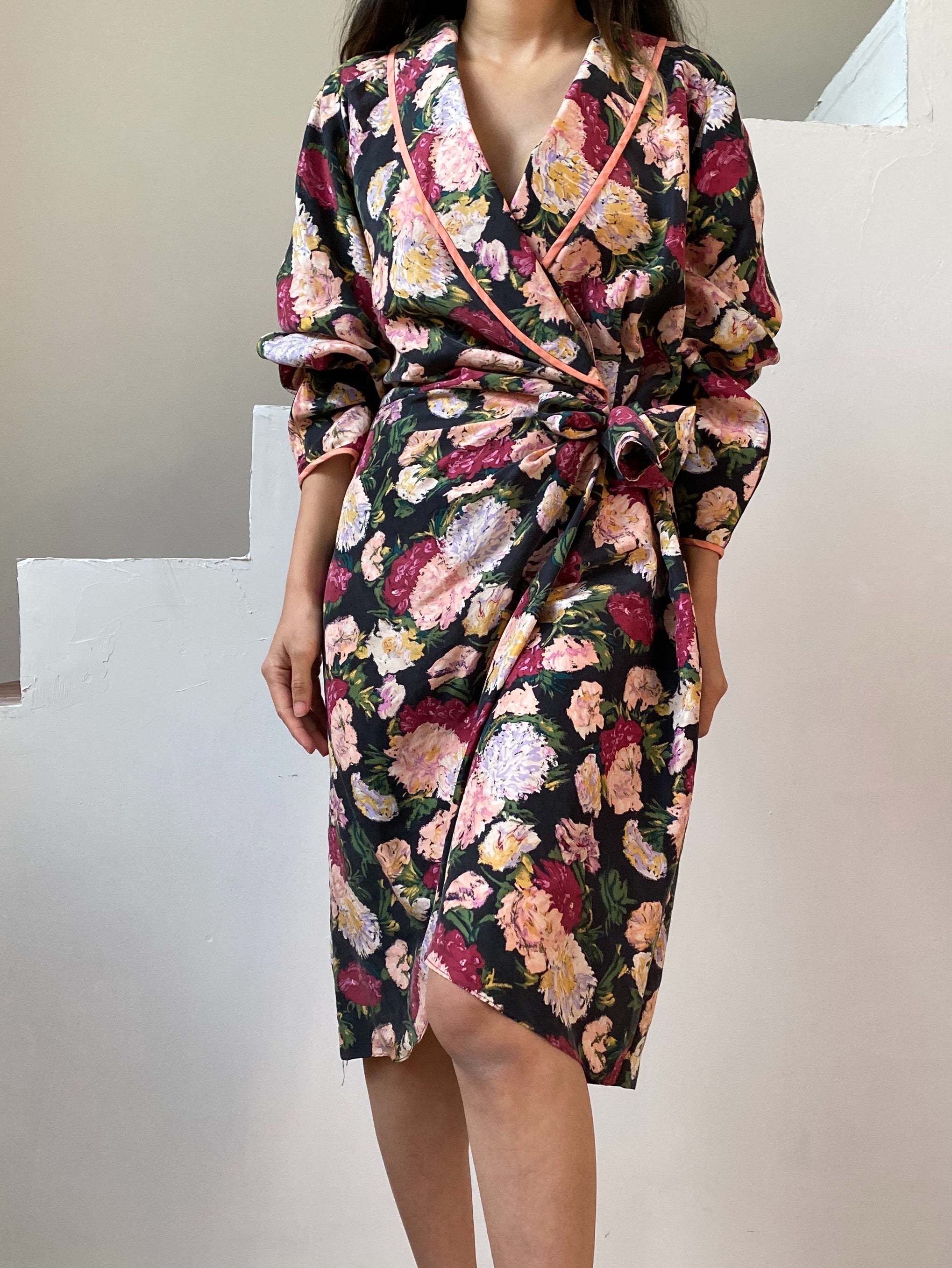 Vintage Silk Floral Print Wrap Dress/Duster - M