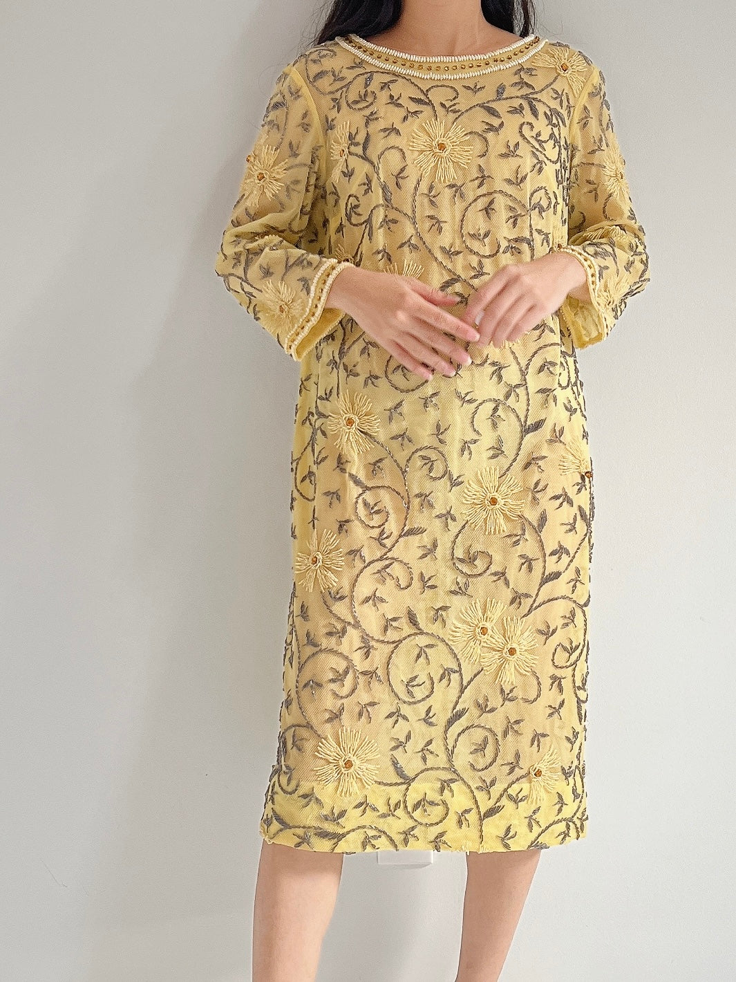 1960s Heavily Beaded Tulle Dress - M