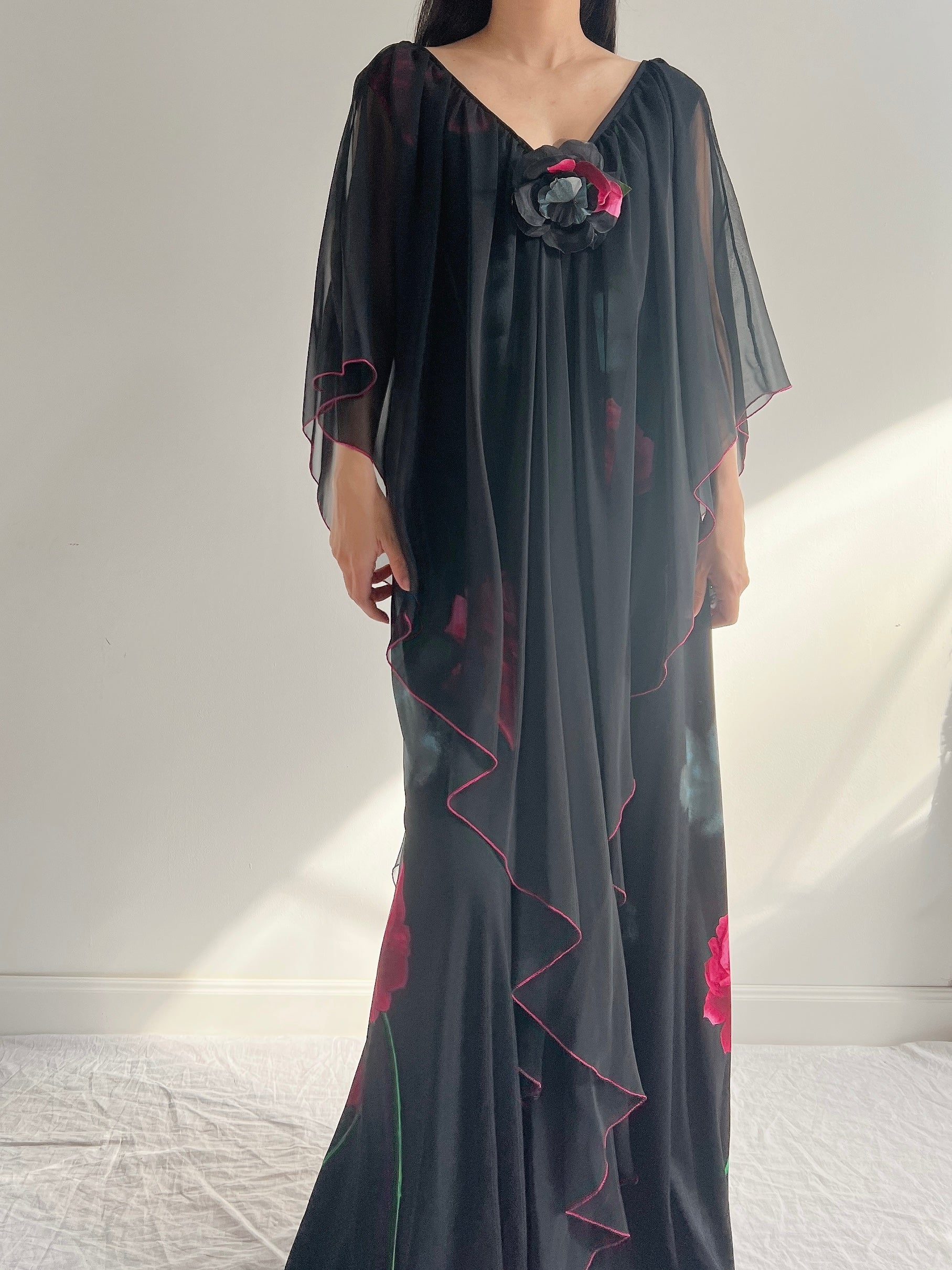 1960s Jersey and Chiffon Floral Gown - S