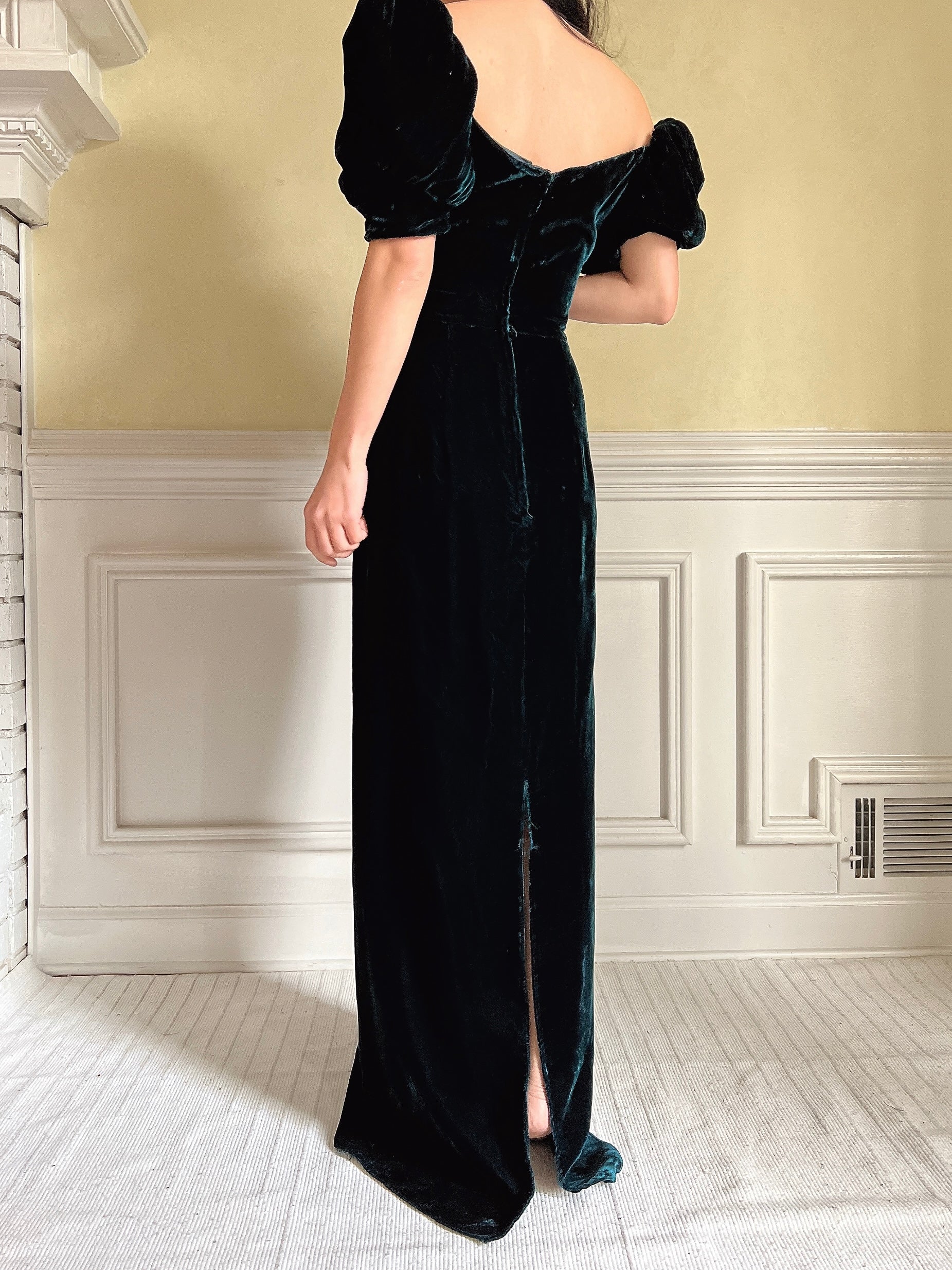 Vintage Teal Velvet Puff Sleeve Dress - S