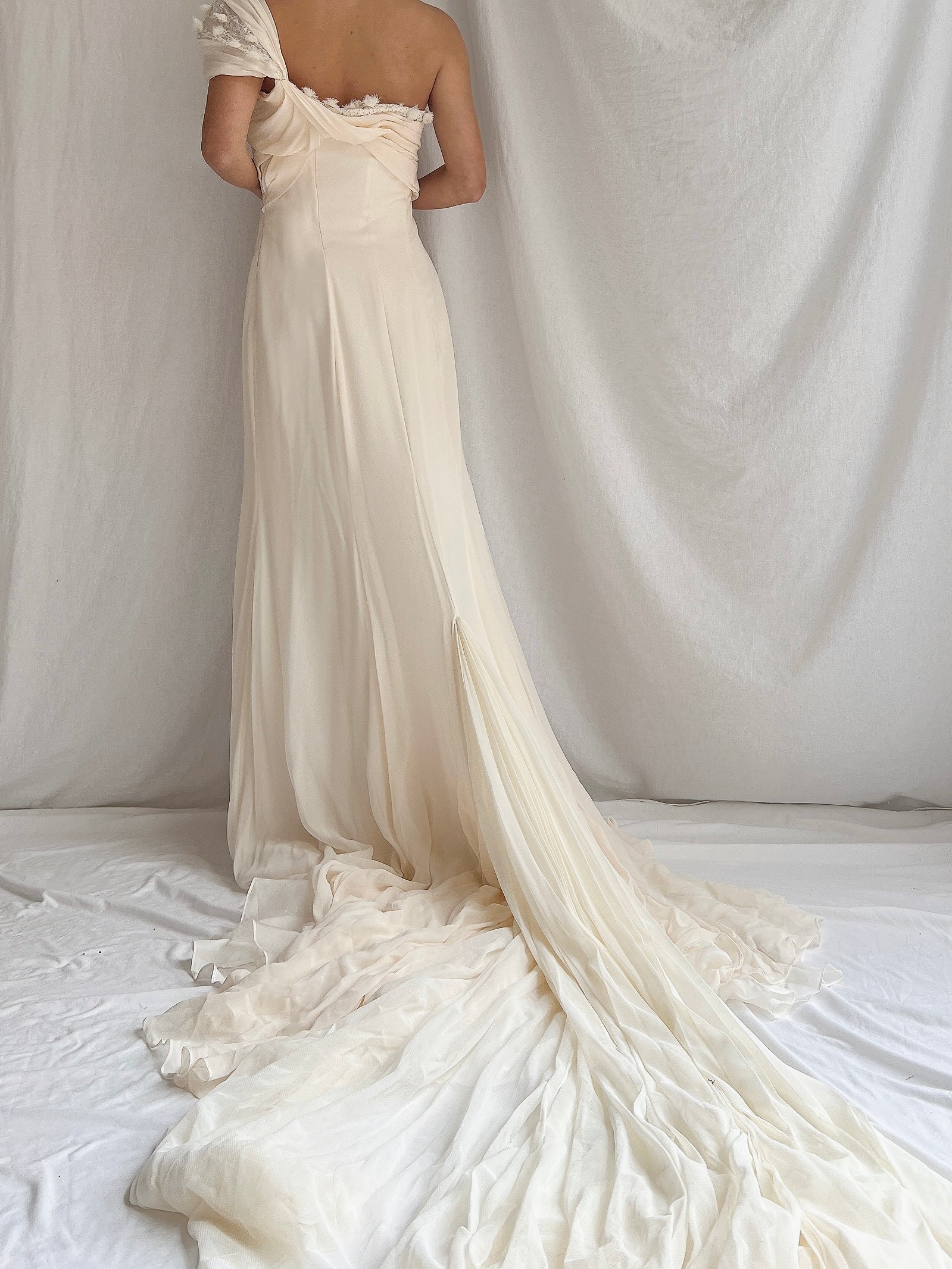 Vintage Silk One-Shoulder Gown - M