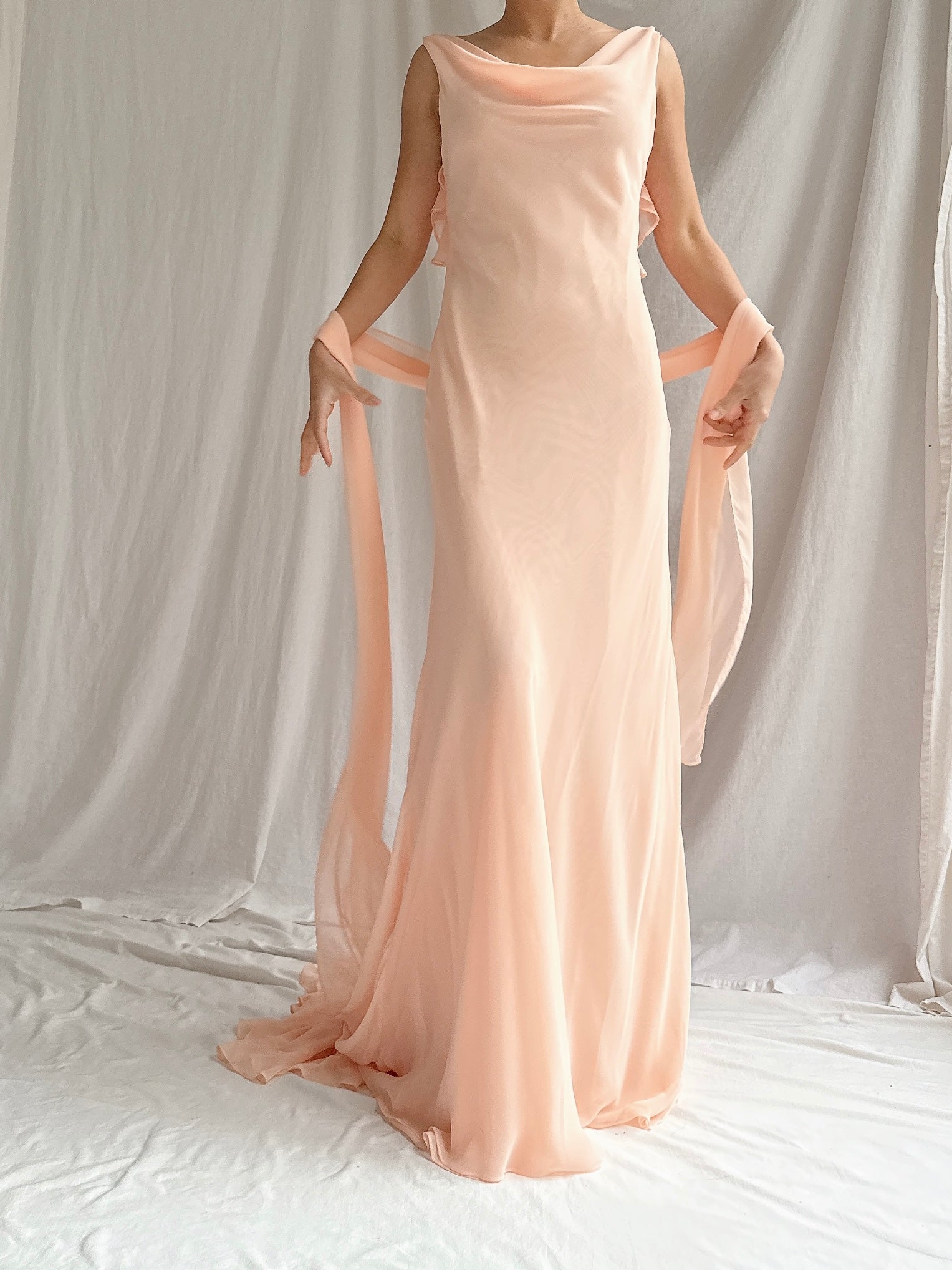 vera wang pink dress Vintage Vera Wang Peach Chiffon Gown with Shawl - S/M