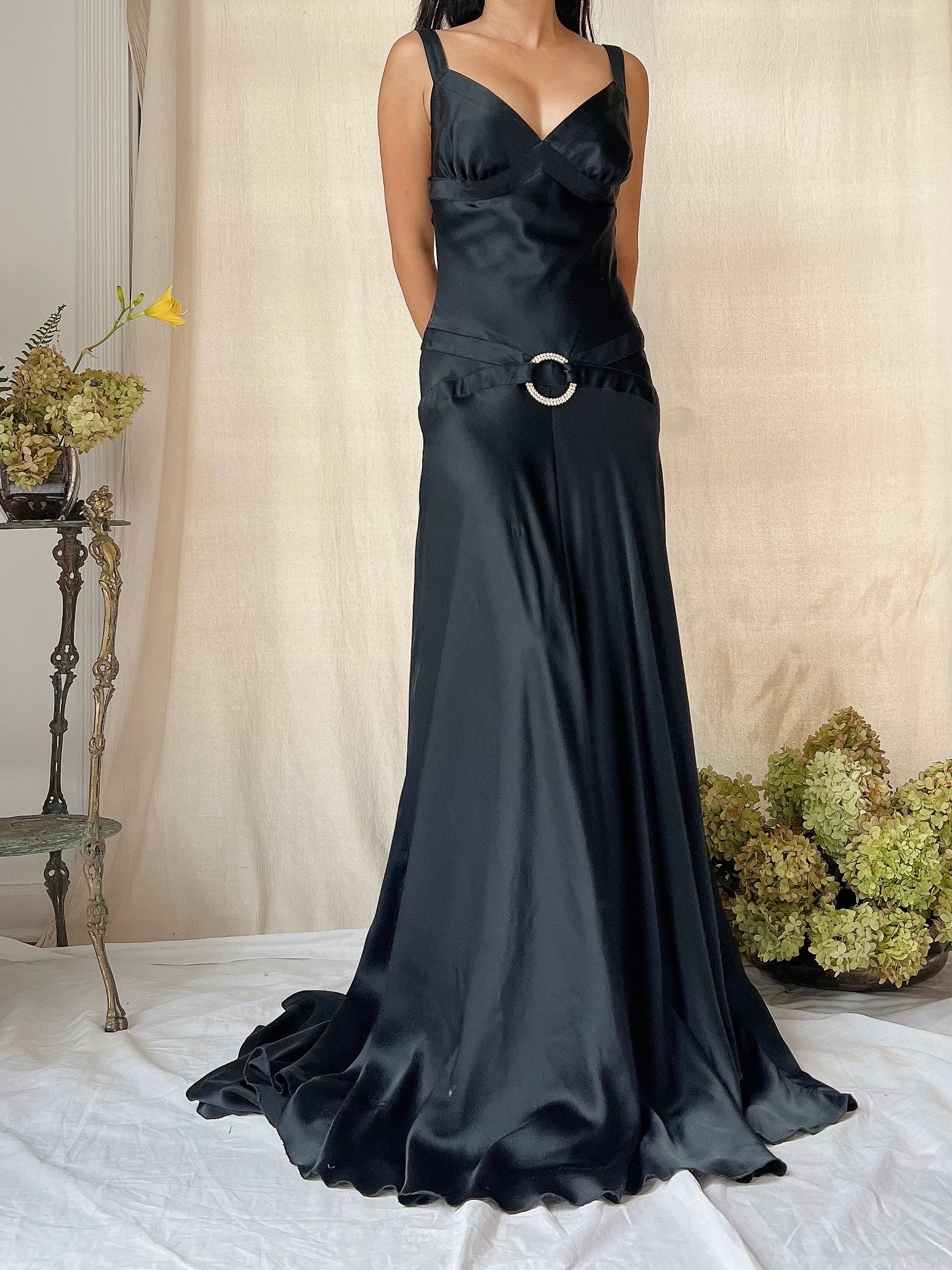 Vintage Black Silk Bias Cut Gown - S