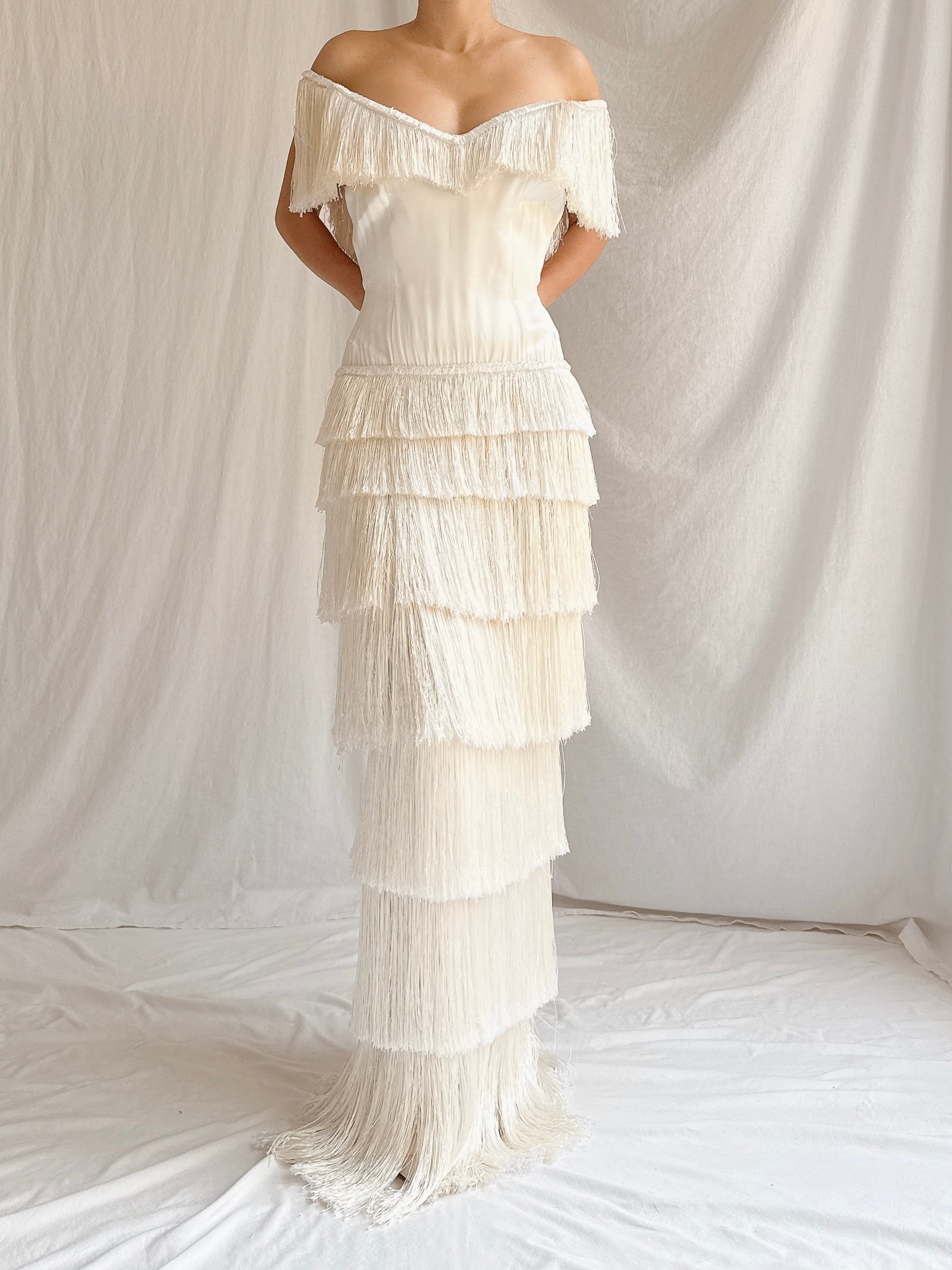 1960s Satin Silk Fringe Gown - S