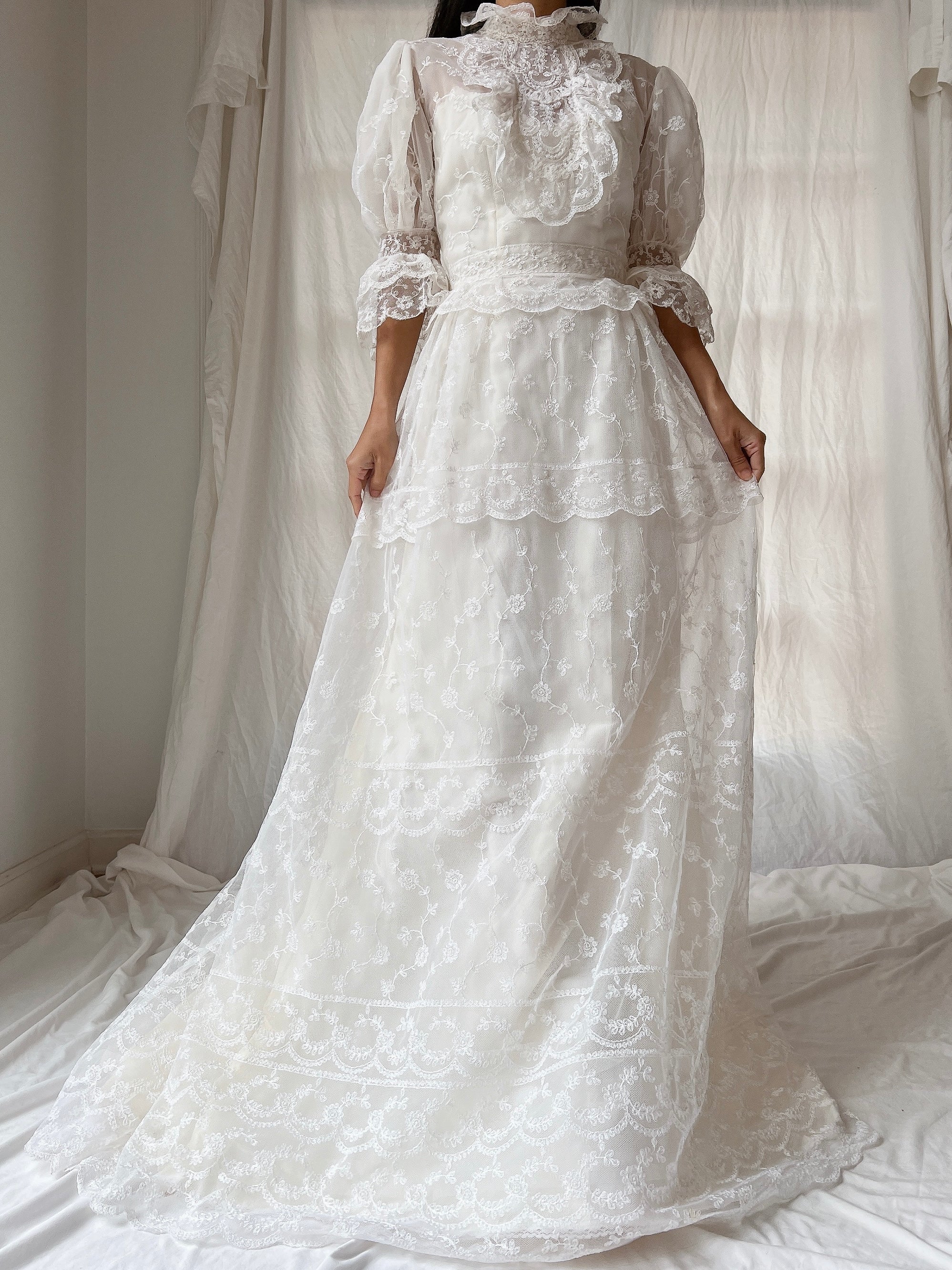 Vintage Needle Lace Puff Sleeve Gown - S