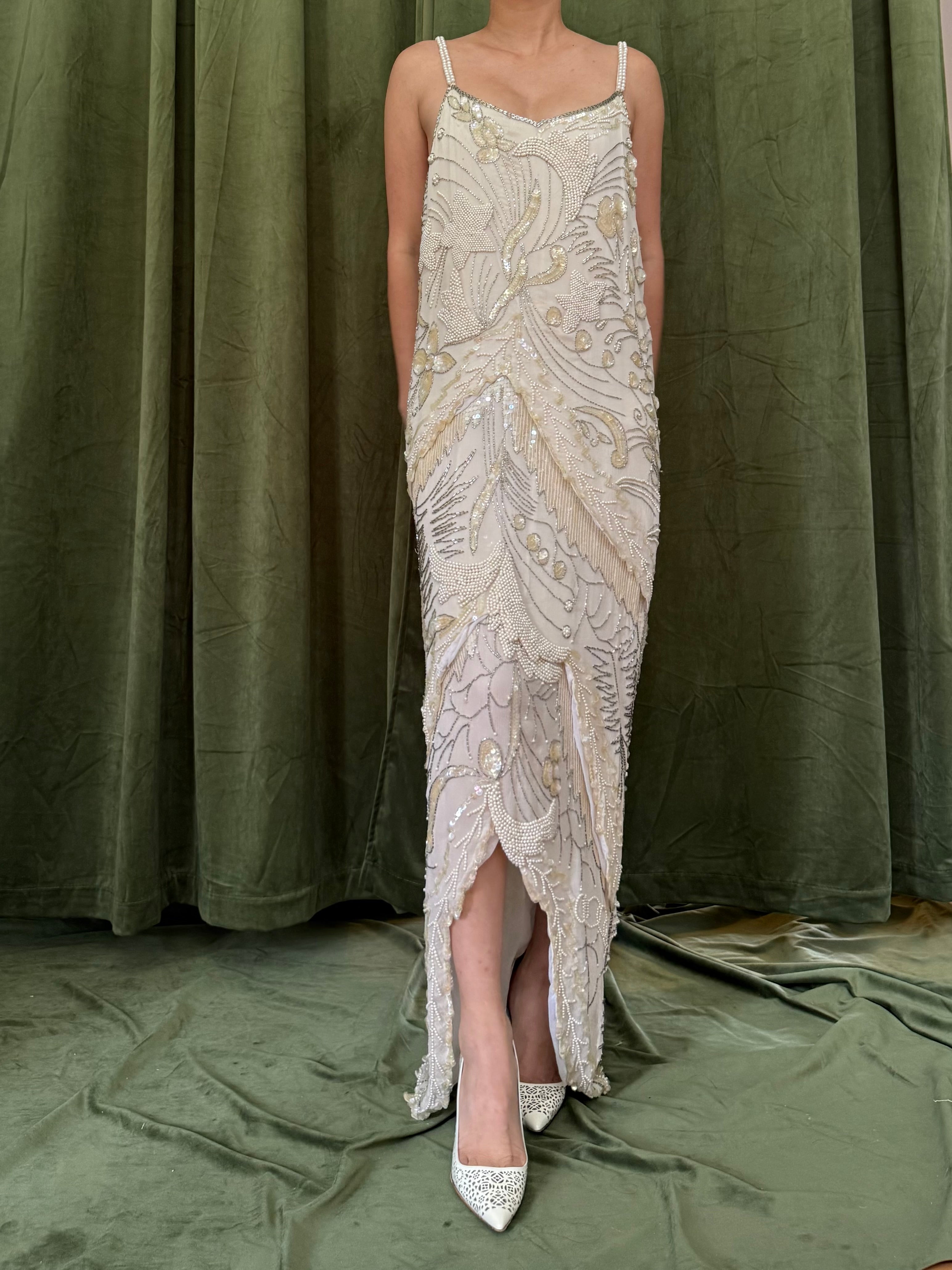 Vintage Silk Chiffon Beaded Gown - M