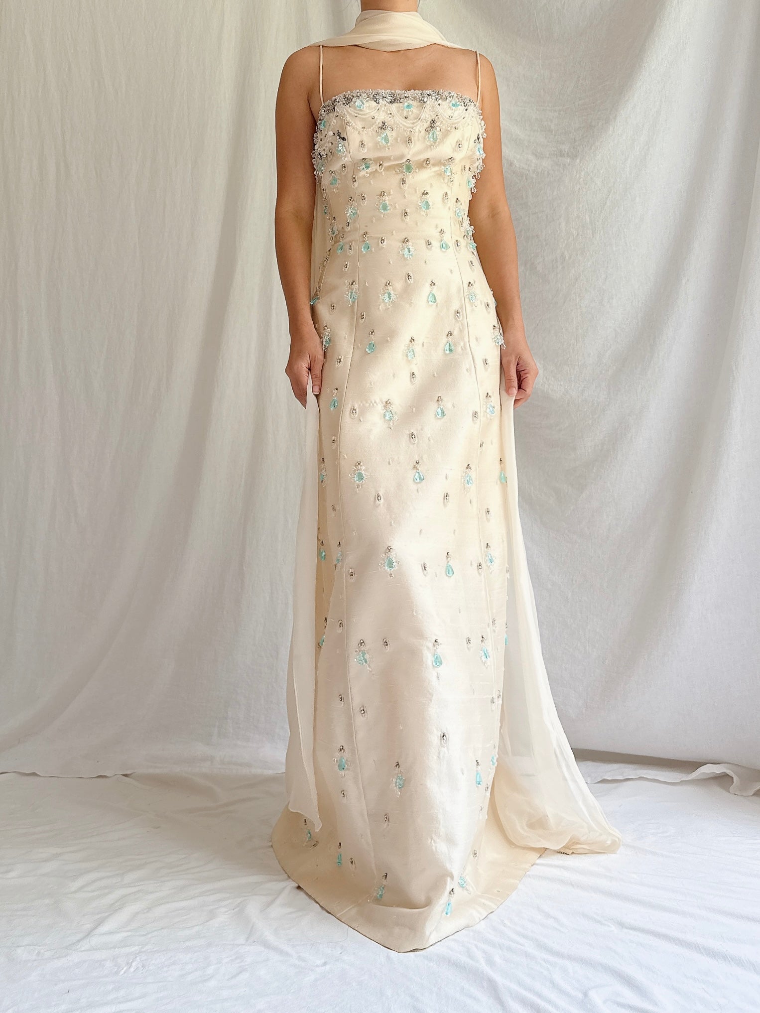 1960s Raw Silk Crystal Gown with Silk Shawl- S/4