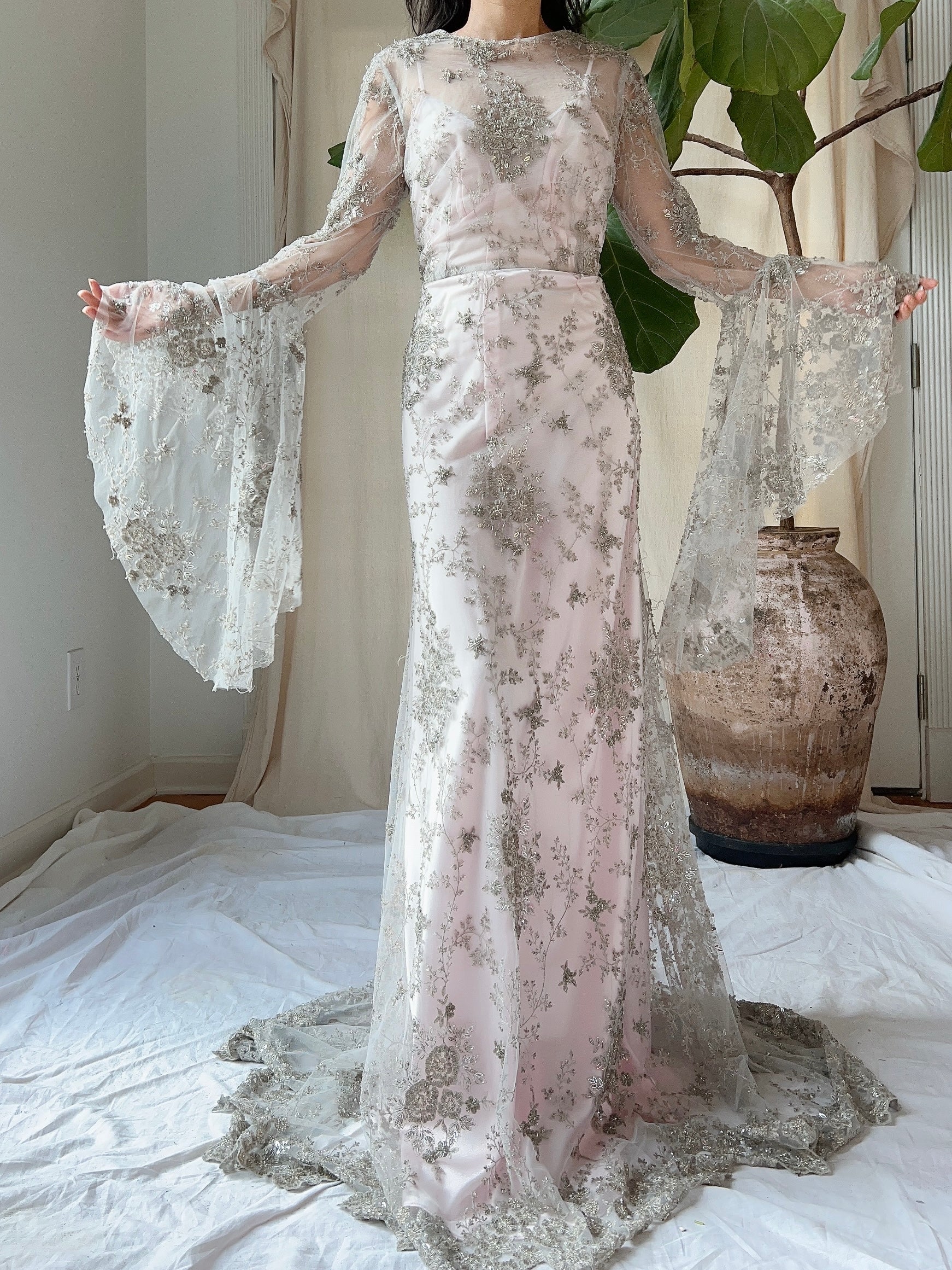 Angel Sleeves Gray Beaded Gown - S/M | G O S S A M E R Angel Sleeves Gray Beaded Gown - S/M | G O S S A M E R