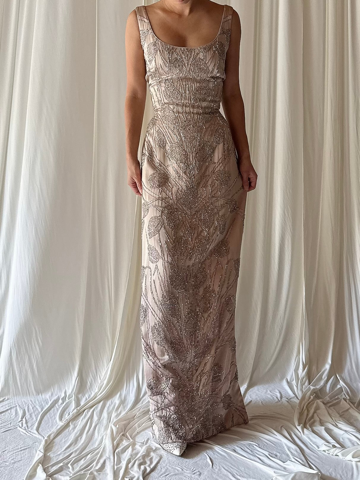 1960s Dusty Pink Silk Beaded Gown - S/M