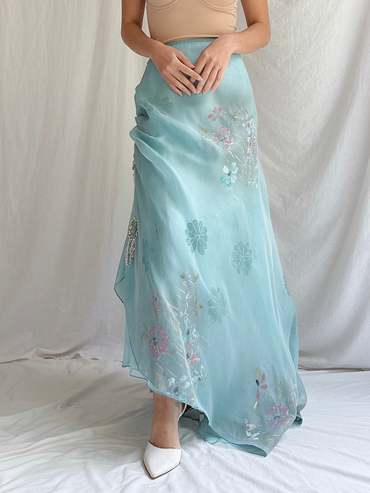 Vintage Painted Silk Organza Skirt - L