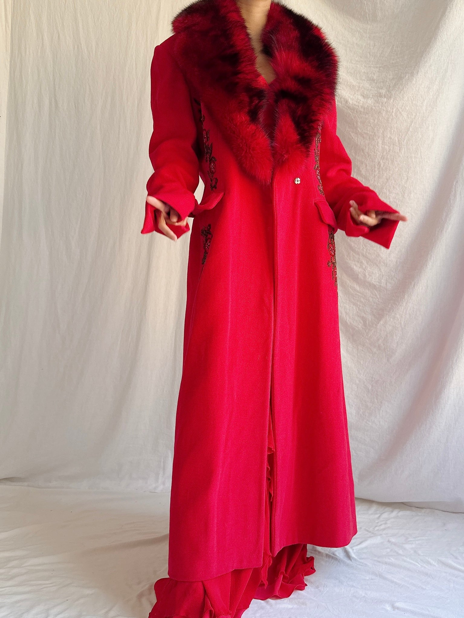 Vintage Red Wool Fox Fur Coat - M