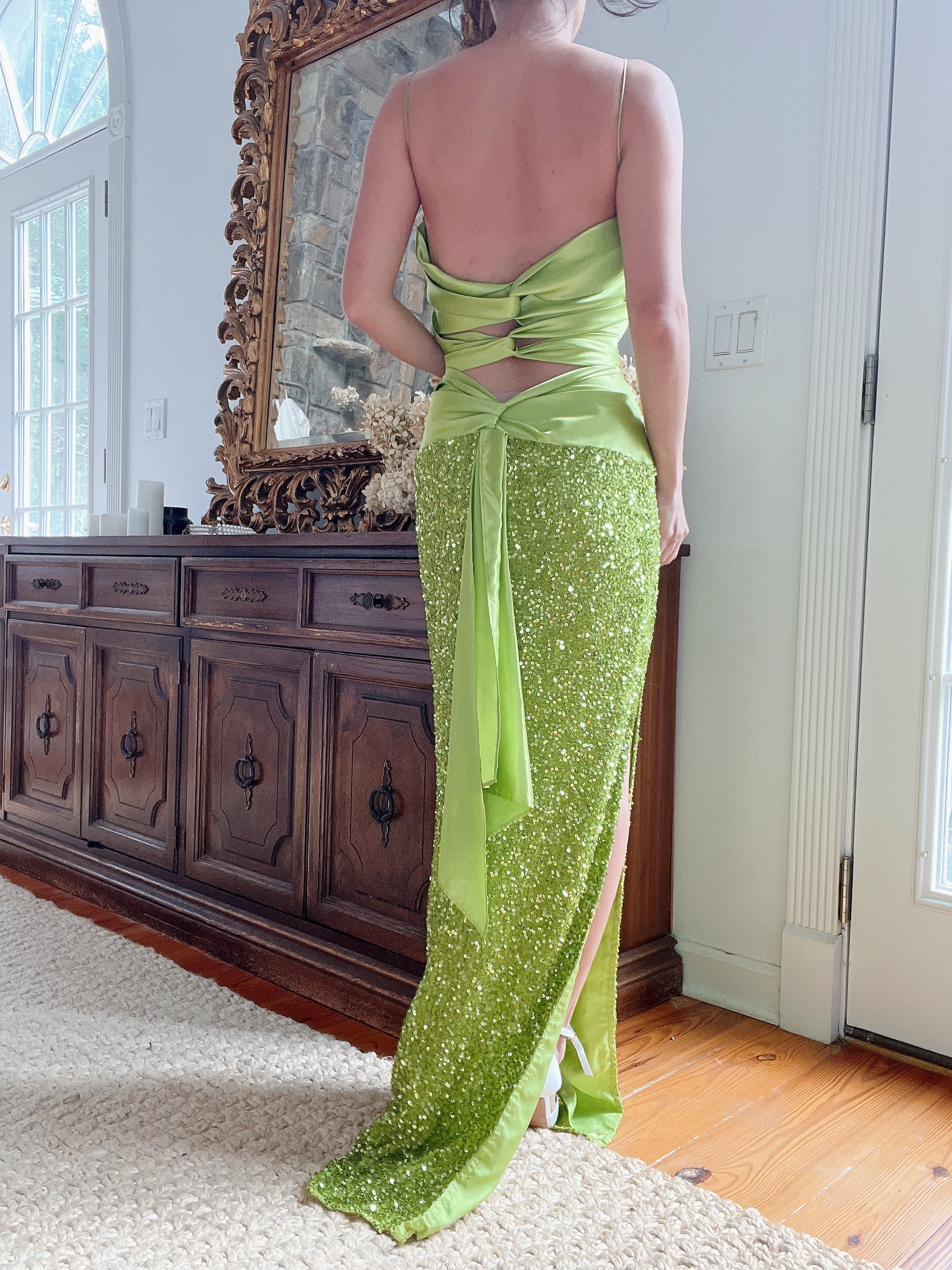 green y2k dress Vintage Y2K Pastel Green Fairycore Rhinestone Halter Maxi Prom Dress / Size: 5