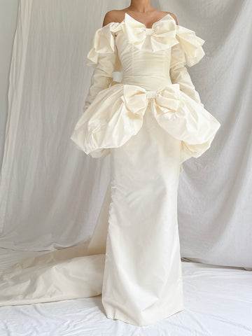 1980s Taffeta Peplum Bow Gown - XS