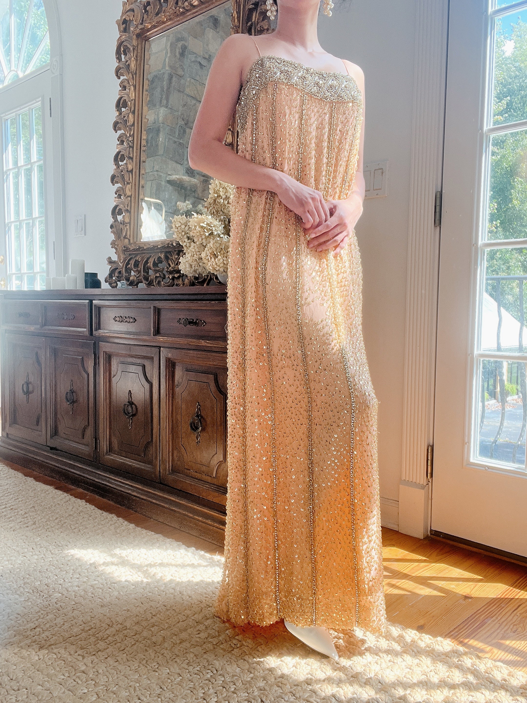 1960s Peach Beaded Gown & Cape - M/L