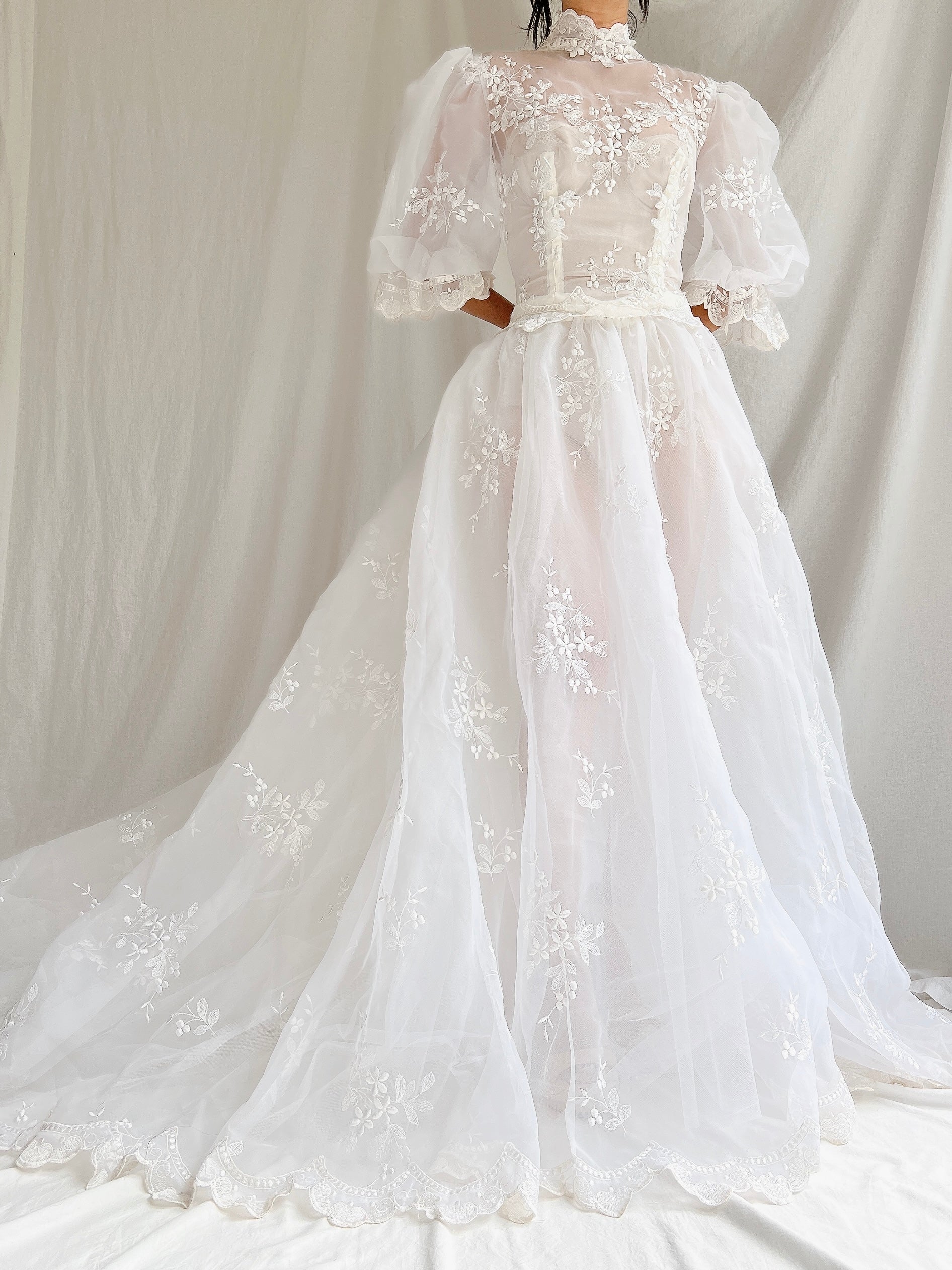 vintage puff sleeve wedding dress Vintage Sheer Puff Sleeves Gown - S