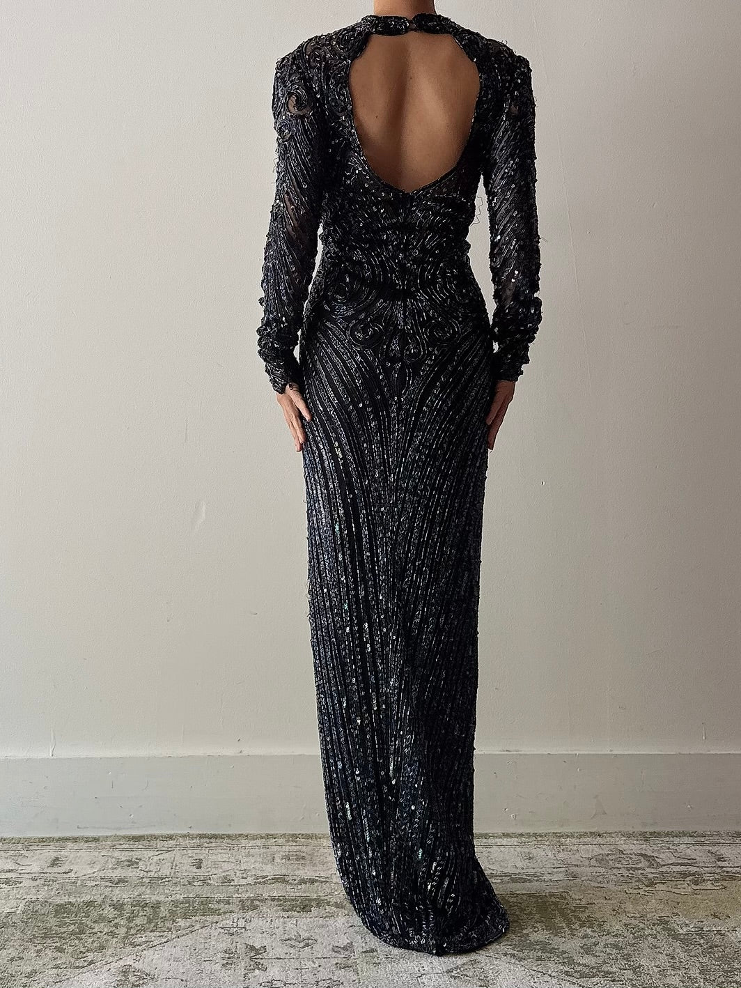 1980s Midnight Blue Silk Beaded Gown - M