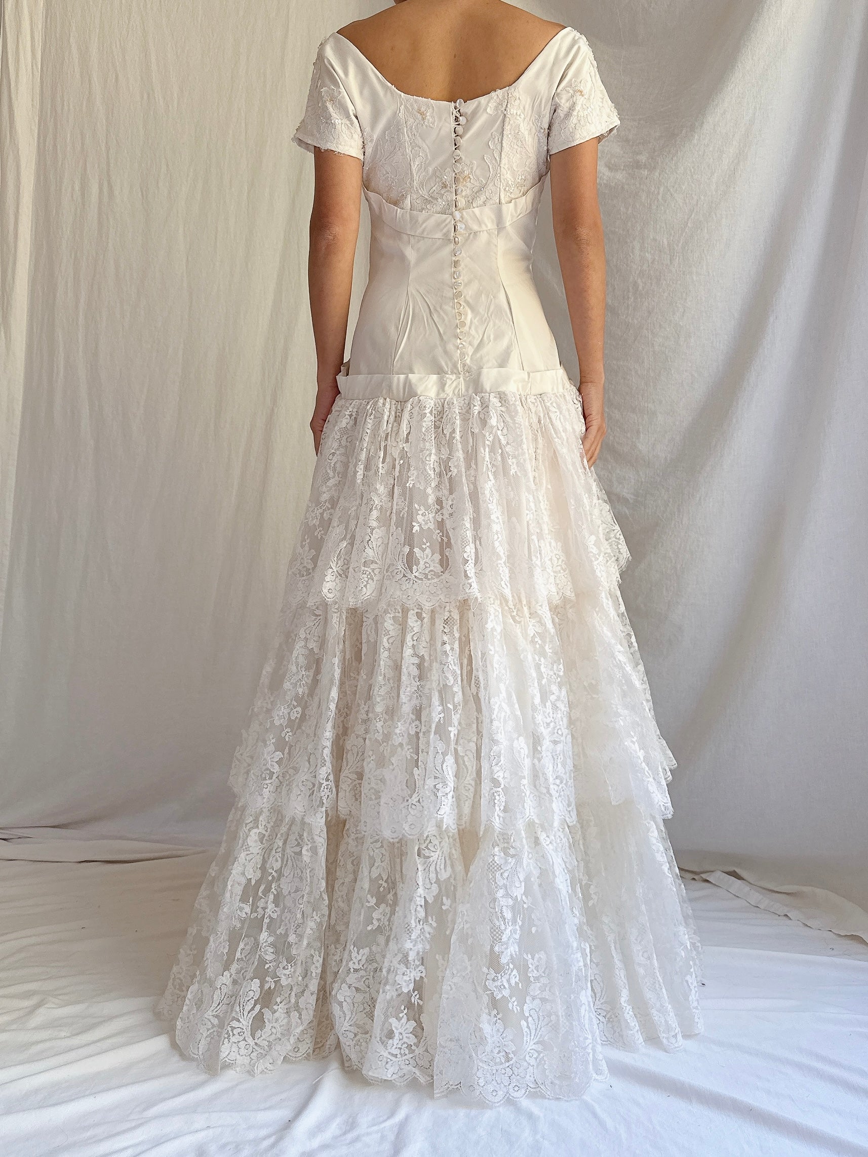 1950s Tafetta and Lace Dress - S