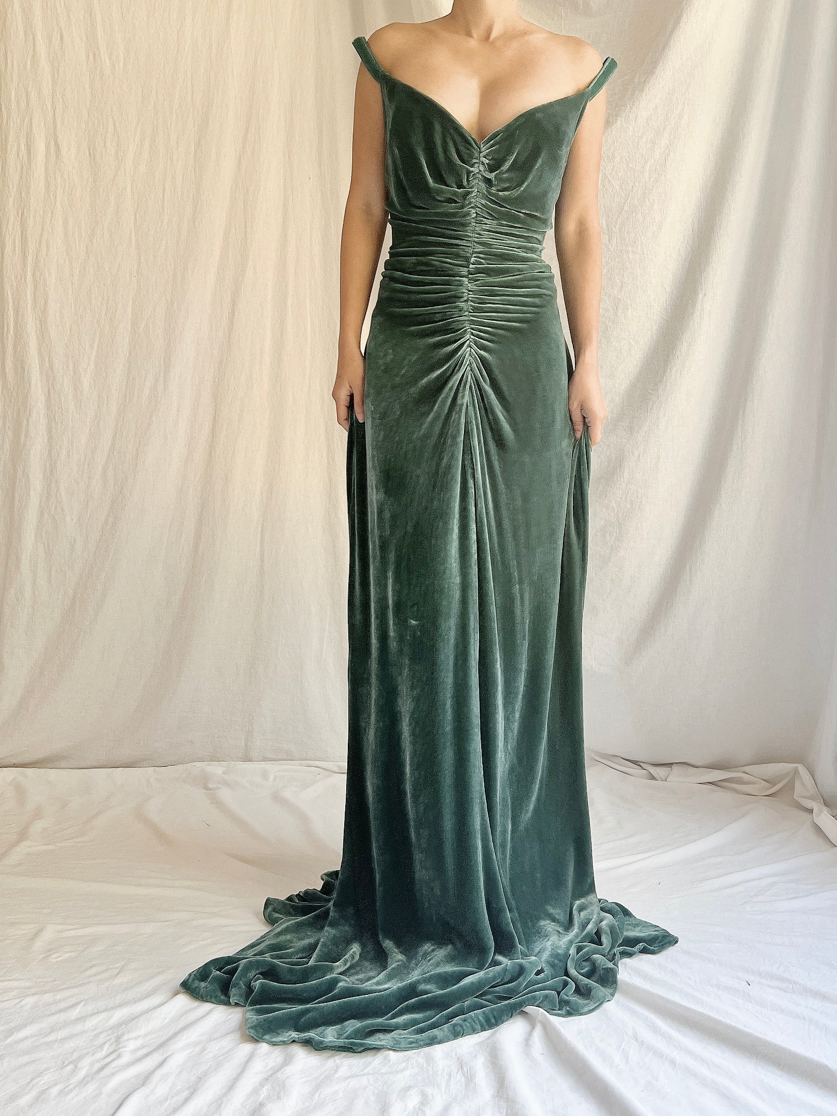 Vintage Moss Green Bellville Sassoon Silk Velvet Gown - L