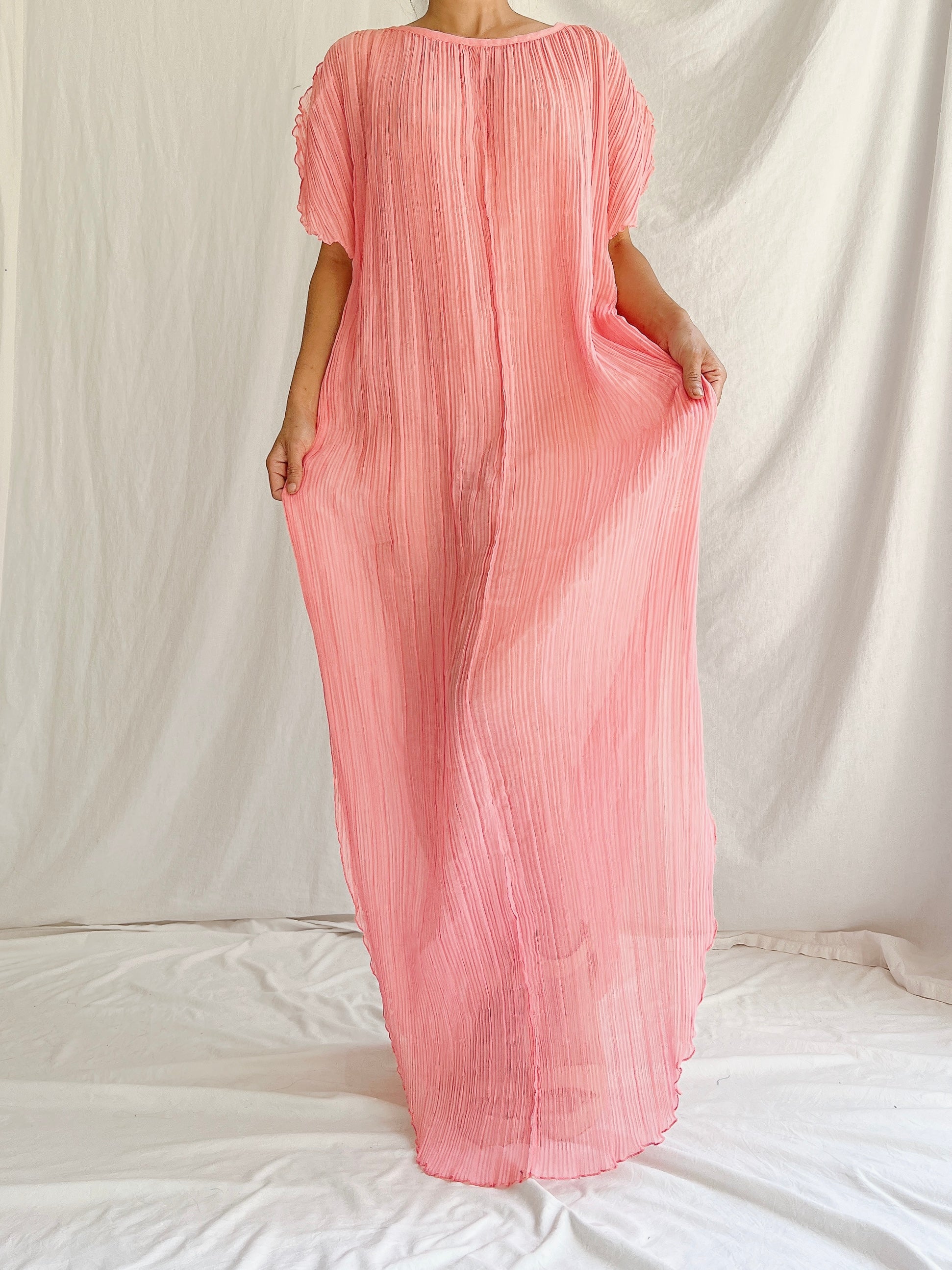 Vintage Coral Pink Cotton Pleated Tunic - OSFM