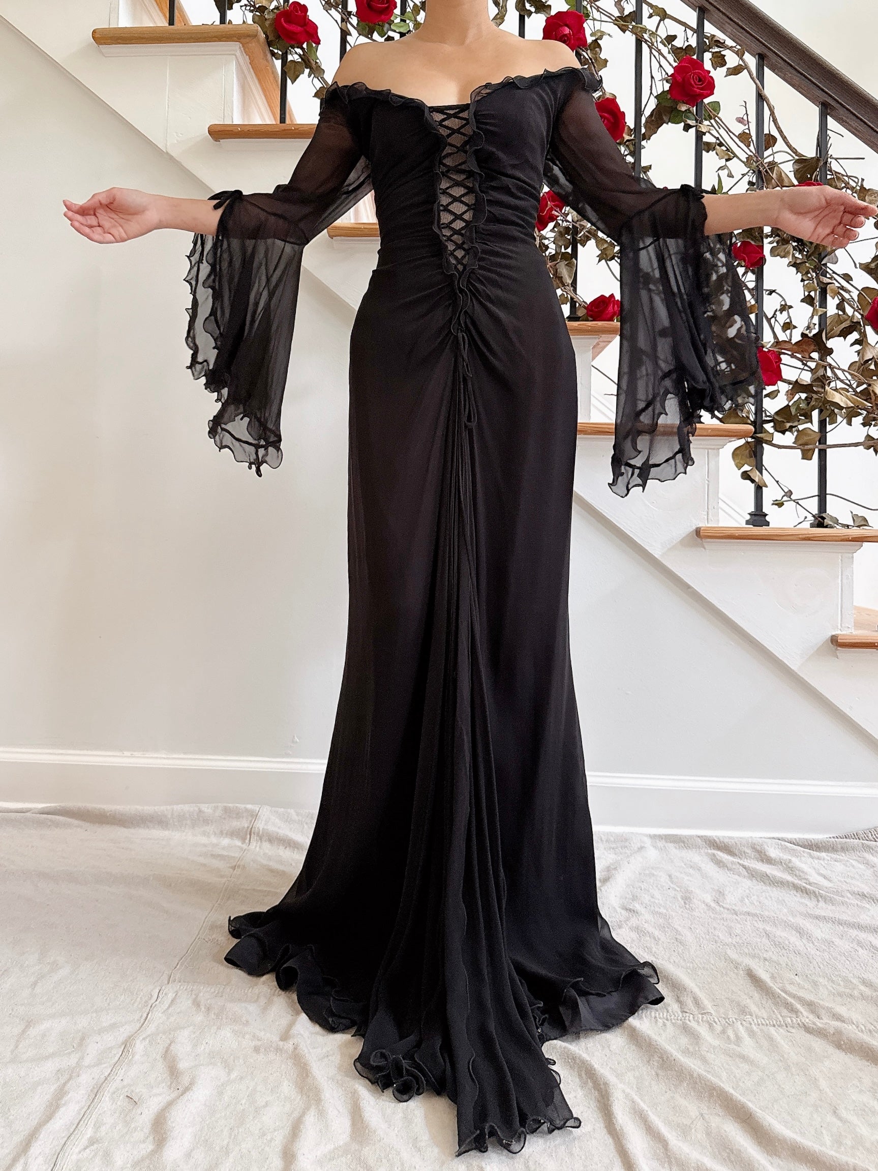 Vintage Belleville Sassoon Silk Angel Sleeve Gown - UK 16/36B/30W/42H/62L