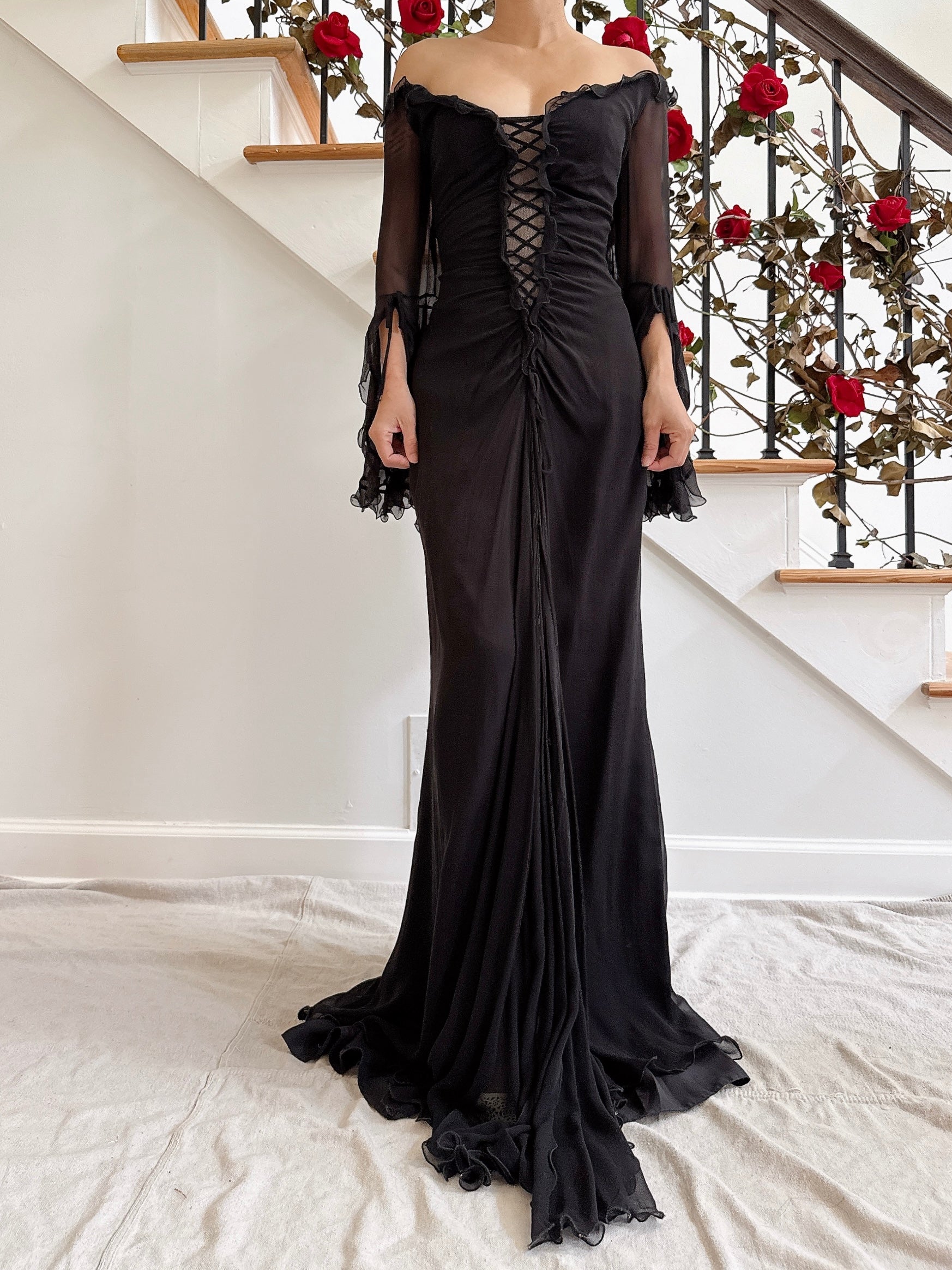 Vintage Belleville Sassoon Silk Angel Sleeve Gown - UK 16/36B/30W/42H/62L